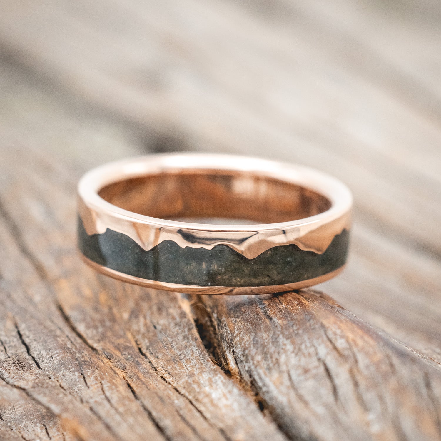 "HELIOS" - MATCHING SET OF CRUSHED MOSS AGATE MOUNTAIN RANGE WEDDING BANDS-Staghead Designs