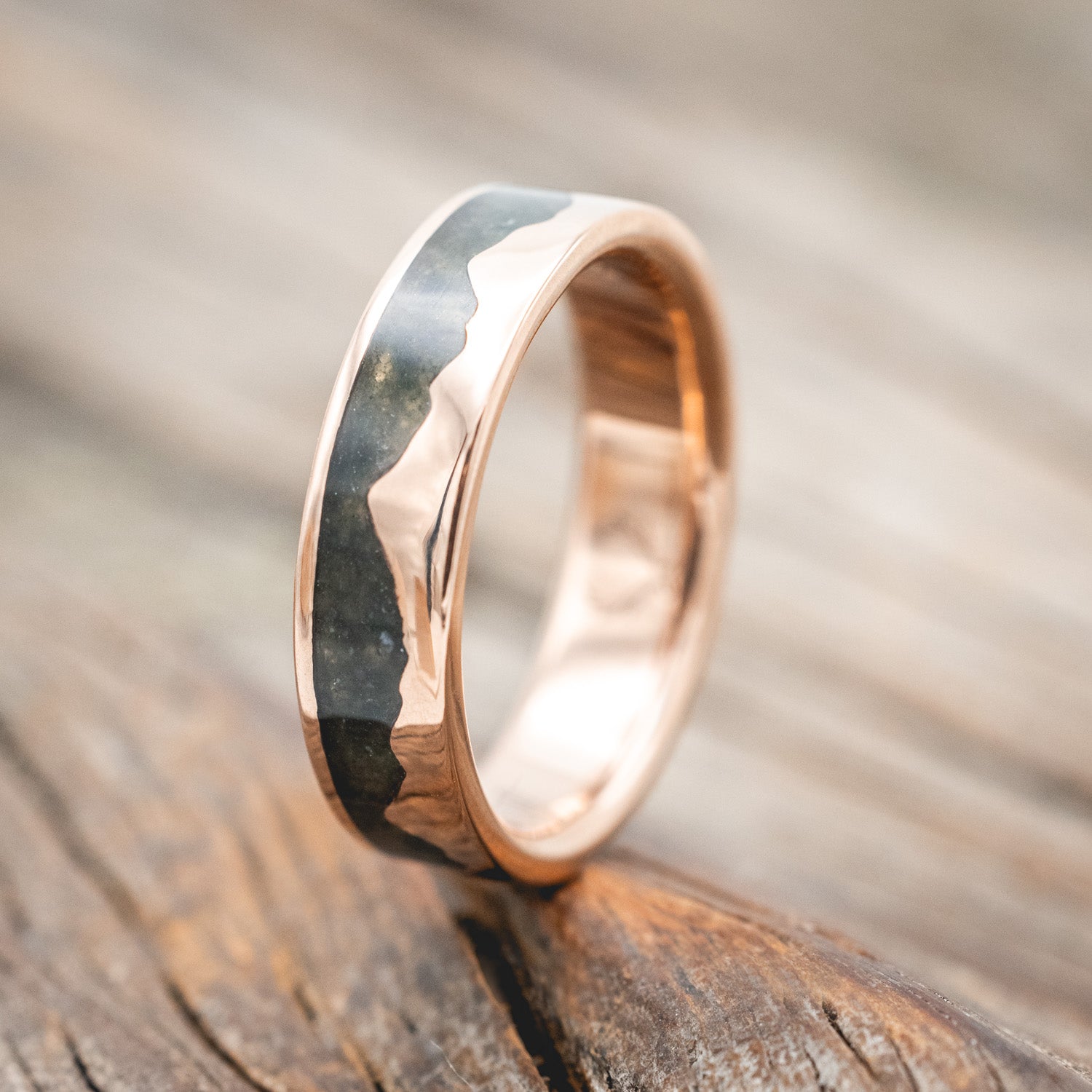 "HELIOS" - MATCHING SET OF CRUSHED MOSS AGATE MOUNTAIN RANGE WEDDING BANDS-Staghead Designs