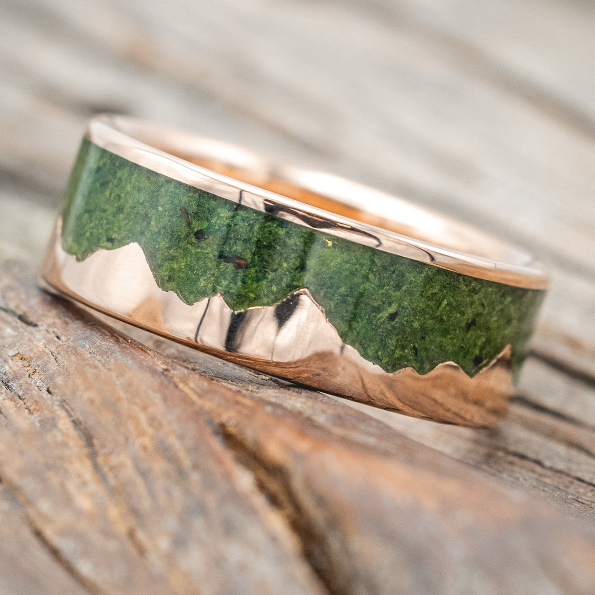 "Helios" - Moss & 14K Gold Mountain Range Men's Wedding Band-Staghead Designs