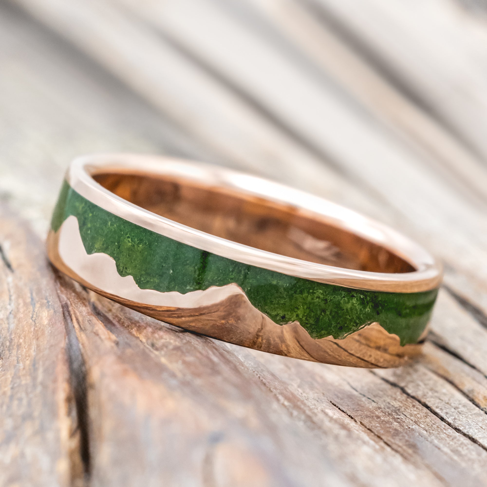 "HELIOS" - MOSS & 14K GOLD MOUNTAIN RANGE WEDDING BAND-Staghead Designs
