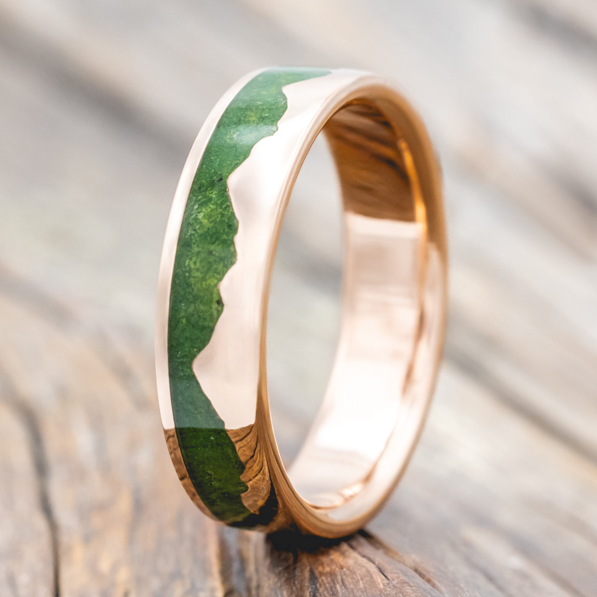 "HELIOS" - MOSS & 14K GOLD MOUNTAIN RANGE WEDDING BAND-Staghead Designs