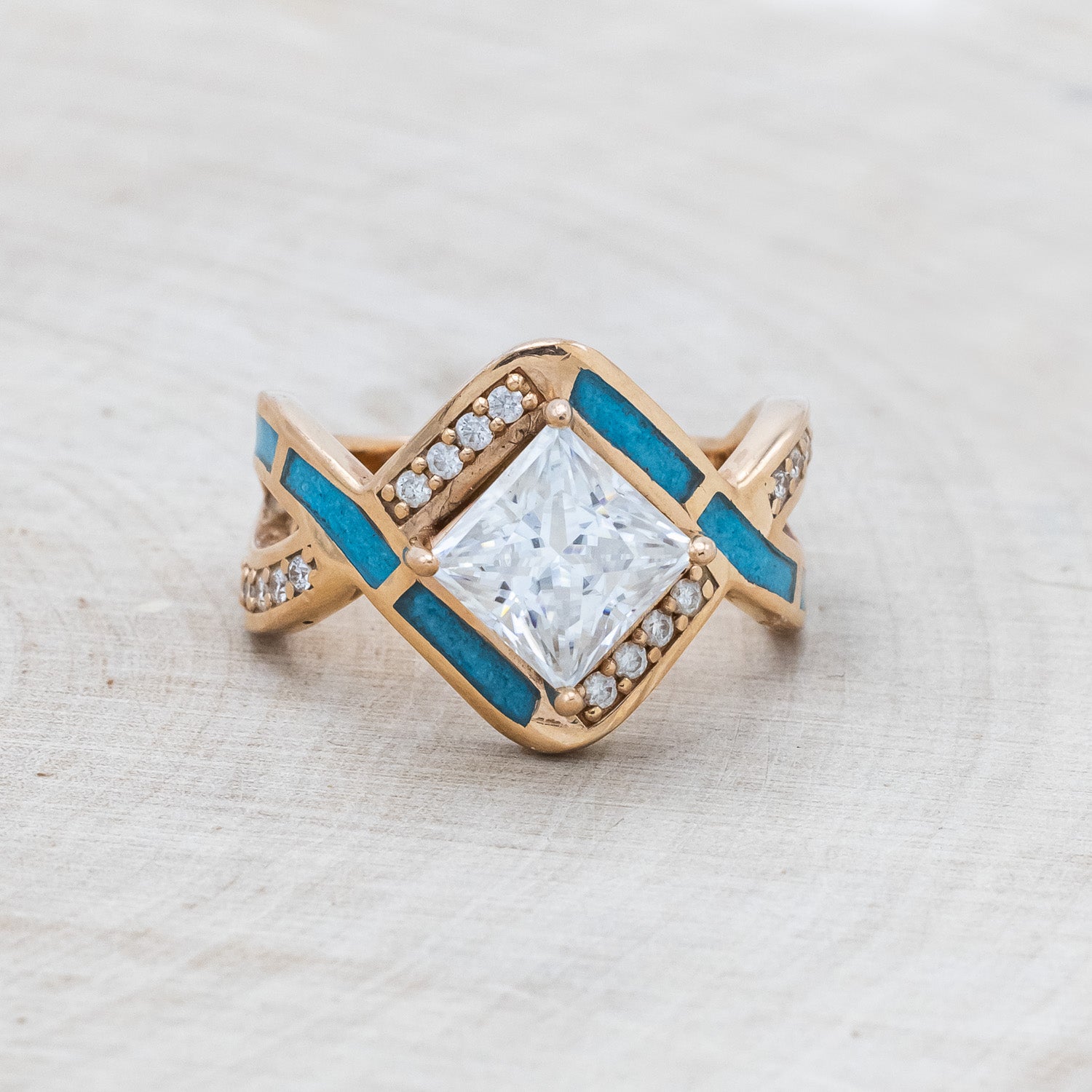 "HELIX" - PRINCESS CUT MOISSANITE ENGAGEMENT RING WITH DIAMOND ACCENTS & TURQUOISE INLAYS-10