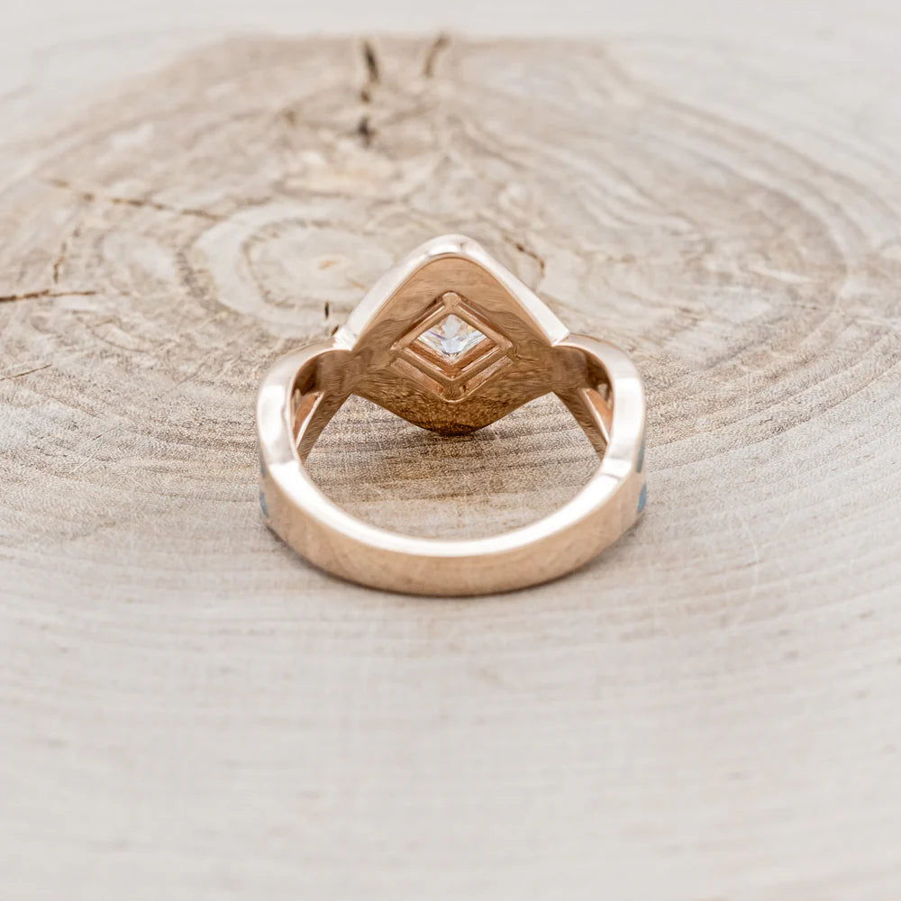 "HELIX" - PRINCESS CUT MOISSANITE ENGAGEMENT RING WITH TURQUOISE INLAYS & A DIAMOND TRACER-Staghead Designs