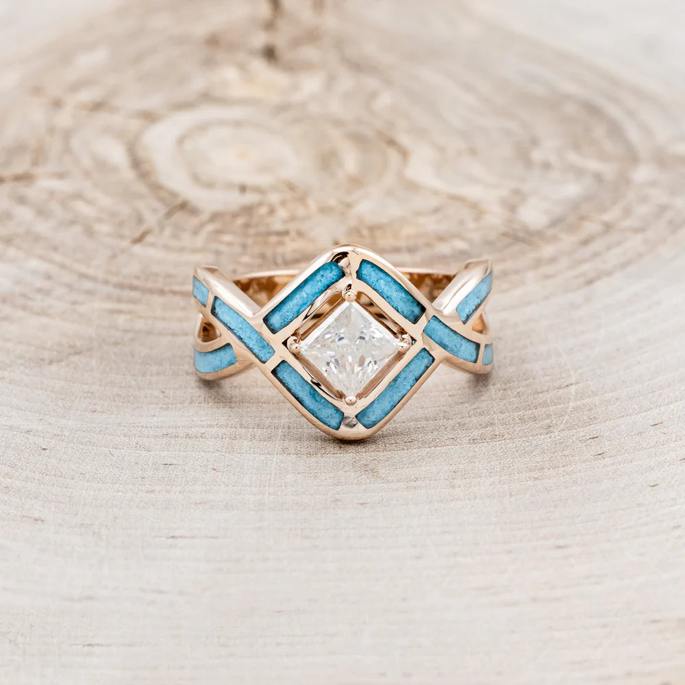 "HELIX" - PRINCESS CUT MOISSANITE ENGAGEMENT RING WITH TURQUOISE INLAYS & A DIAMOND TRACER-Staghead Designs