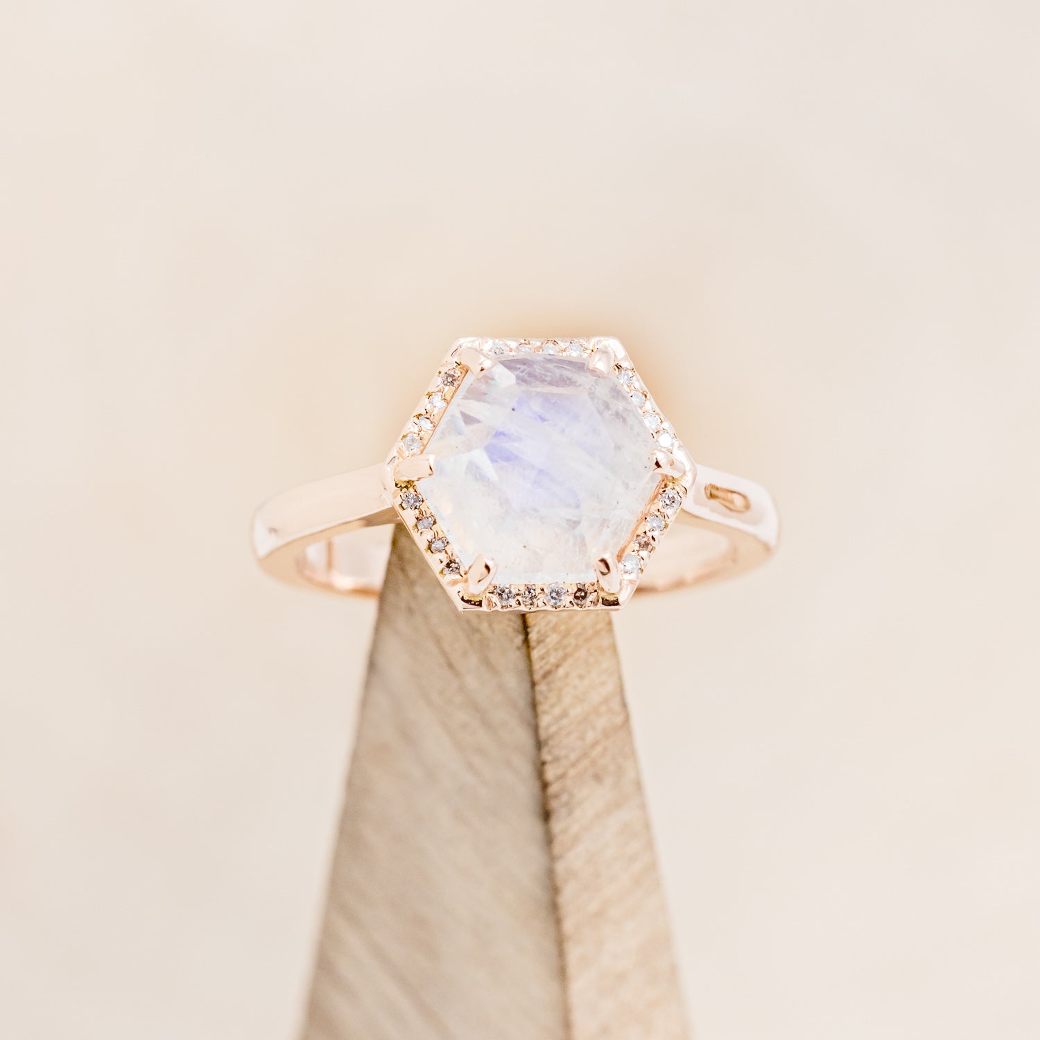 HEXAGON CUT MOONSTONE ENGAGEMENT RING WITH DIAMOND HALO