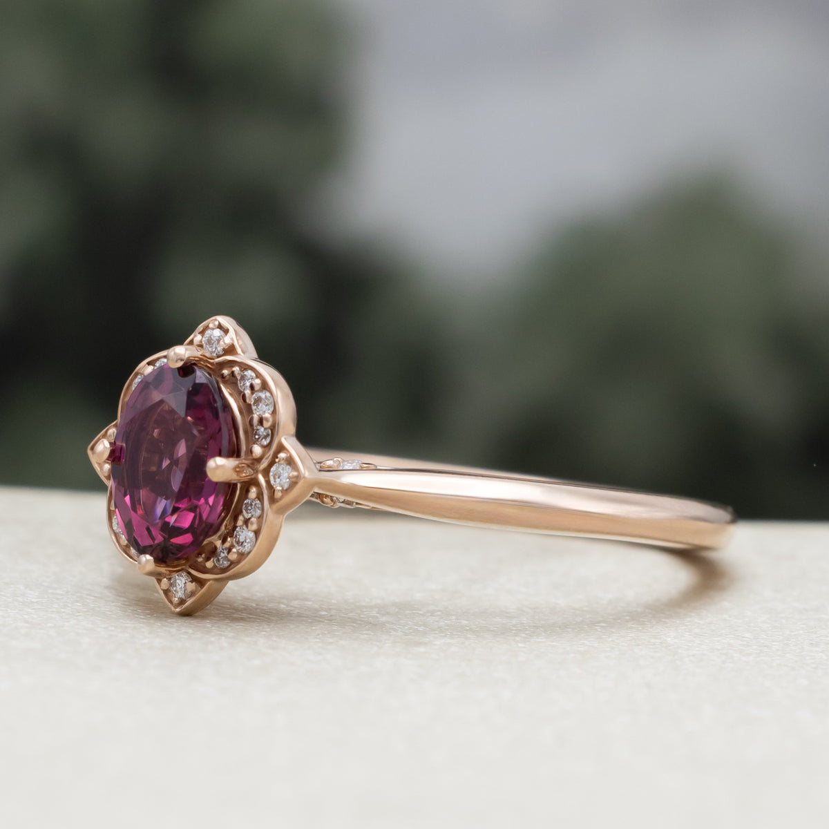 "Jane" - Rhodolite Garnet Engagement Ring With Diamond Accents-Staghead Designs