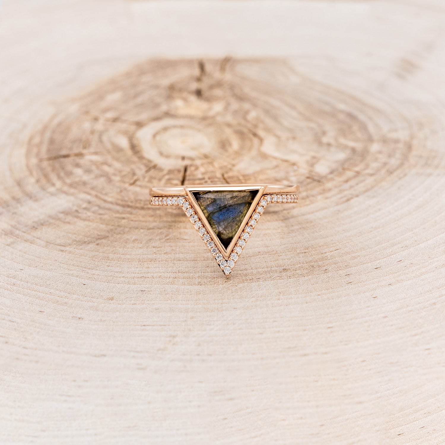 "JENNY FROM THE BLOCK" - TRIANGLE LABRADORITE ENGAGEMENT RING WITH V-SHAPED DIAMOND BAND-4