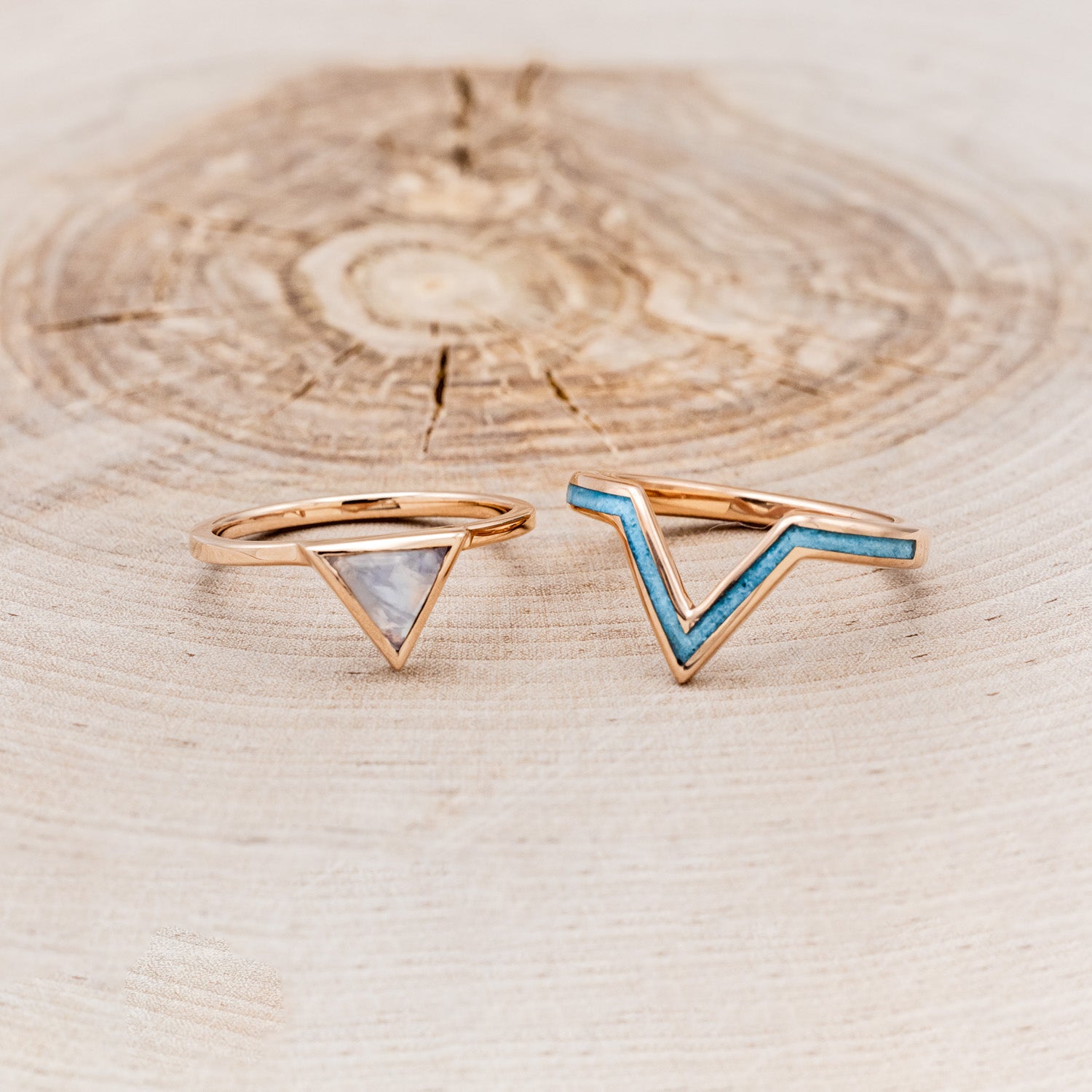 "JENNY FROM THE BLOCK" - TRIANGLE MOONSTONE ENGAGEMENT RING WITH TURQUOISE V-SHAPED TRACER-6