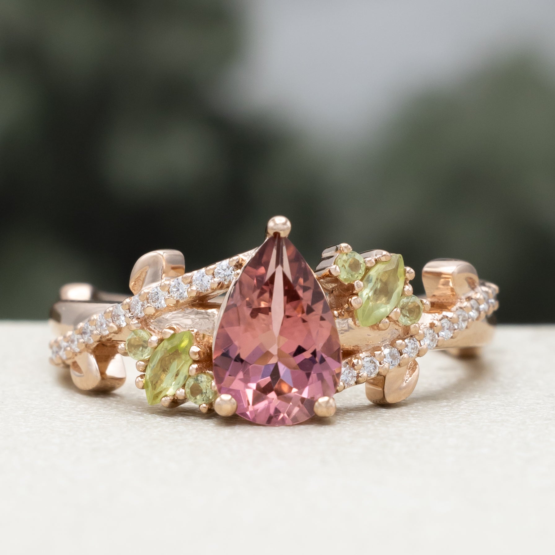 "Kamila" - Pear Cut Pink Tourmaline Engagement Ring With Peridot & Diamond Accents-Staghead Designs