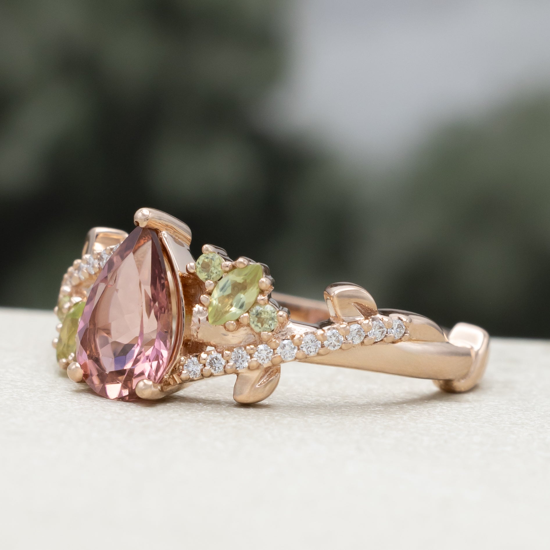 "Kamila" - Pear Cut Pink Tourmaline Engagement Ring With Peridot & Diamond Accents-Staghead Designs