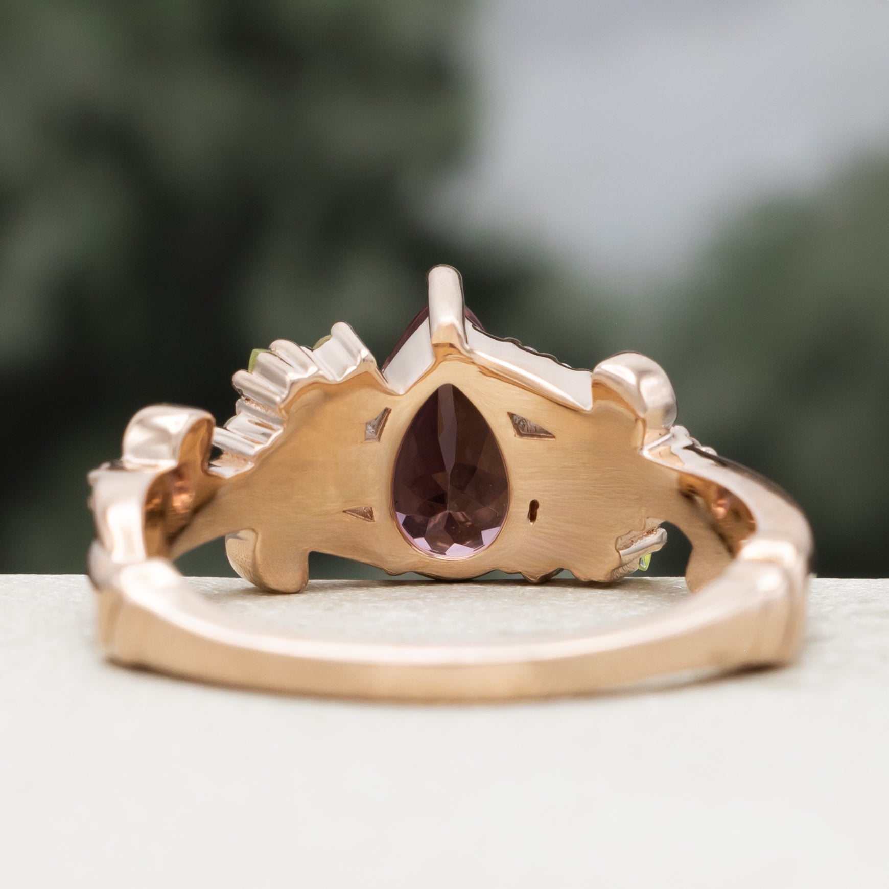 "Kamila" - Pear Cut Pink Tourmaline Engagement Ring With Peridot & Diamond Accents-Staghead Designs