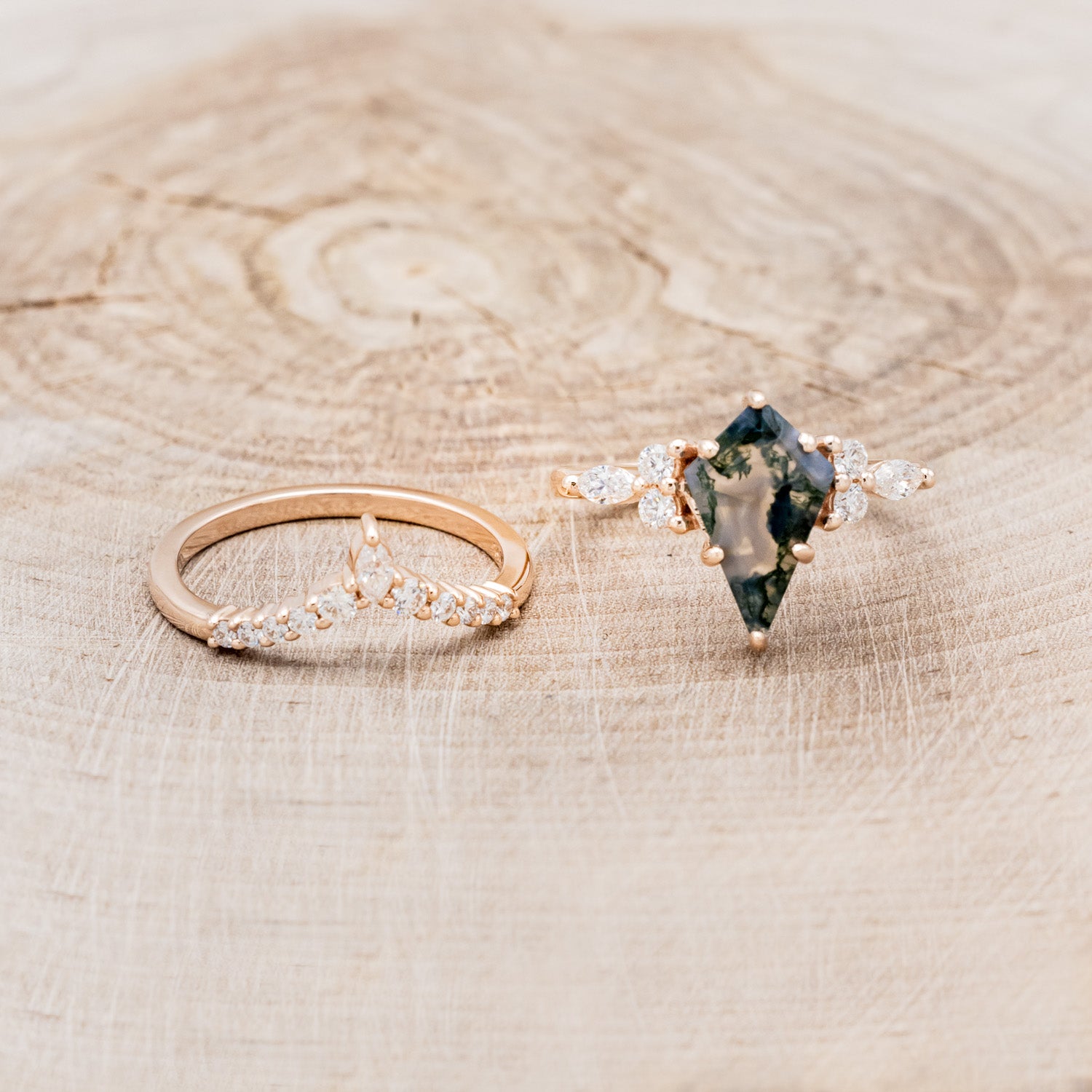 "SAGE" - KITE CUT MOSS AGATE ENGAGEMENT RING WITH DIAMOND ACCENTS & DIAMOND TRACER - EXPEDITED-6