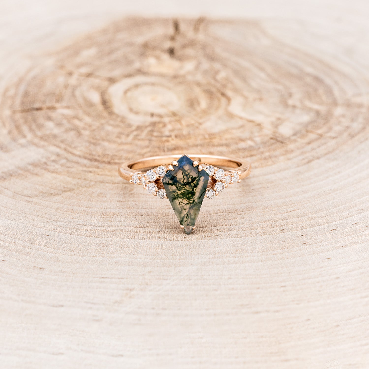 "LANIE" - KITE CUT MOSS AGATE ENGAGEMENT RING WITH DIAMOND ACCENTS-2