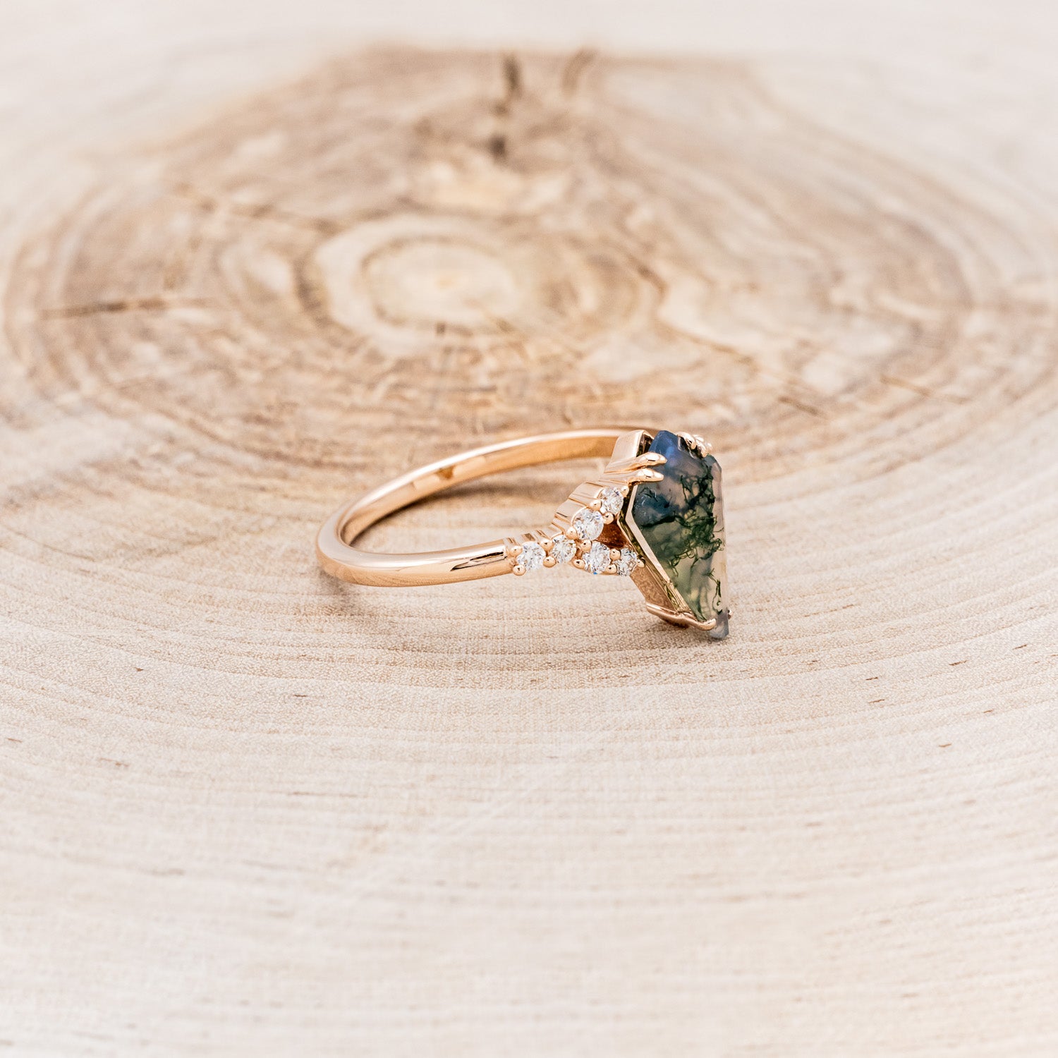 "LANIE" - KITE CUT MOSS AGATE ENGAGEMENT RING WITH DIAMOND ACCENTS-3