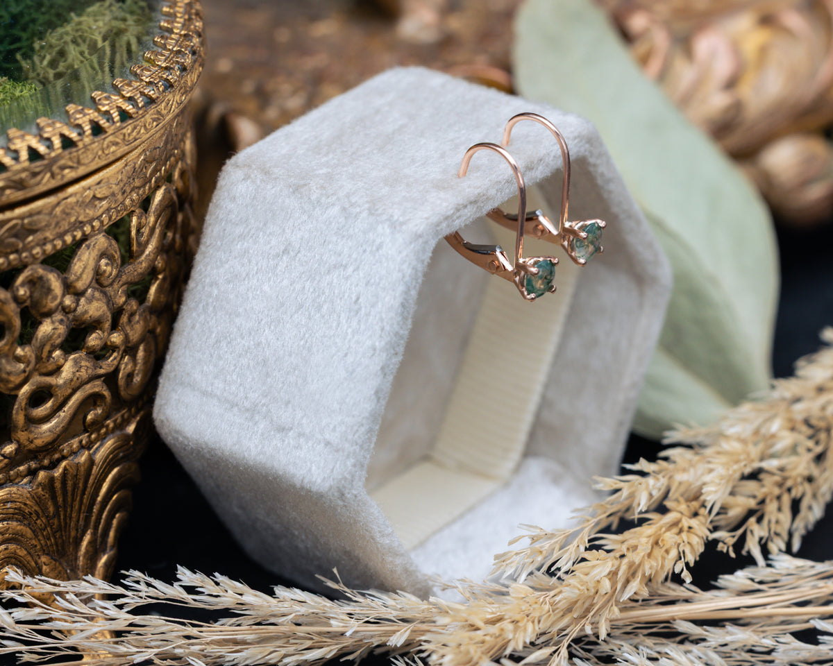 Lever Back Moss Agate Earrings In 14K Gold-Staghead Designs