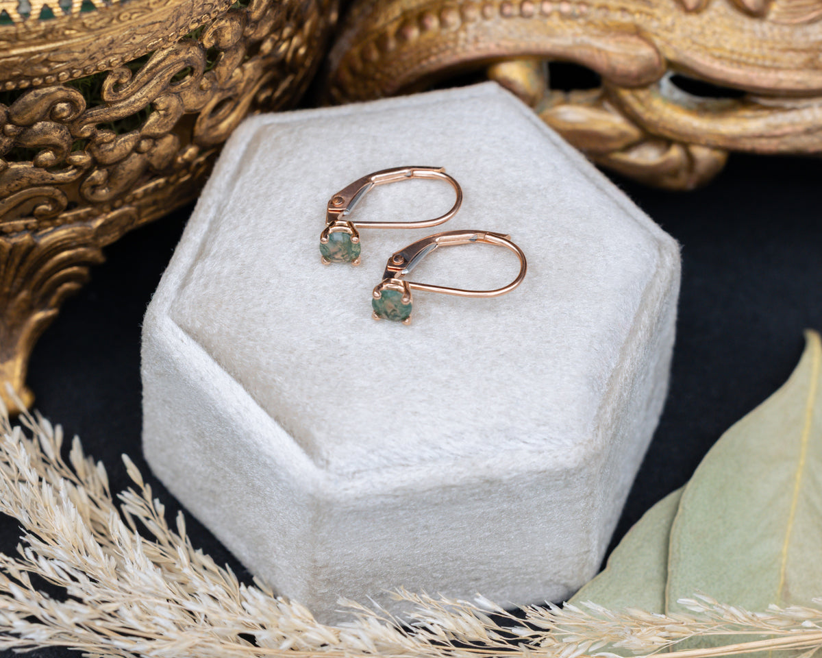 Lever Back Moss Agate Earrings In 14K Gold-Staghead Designs