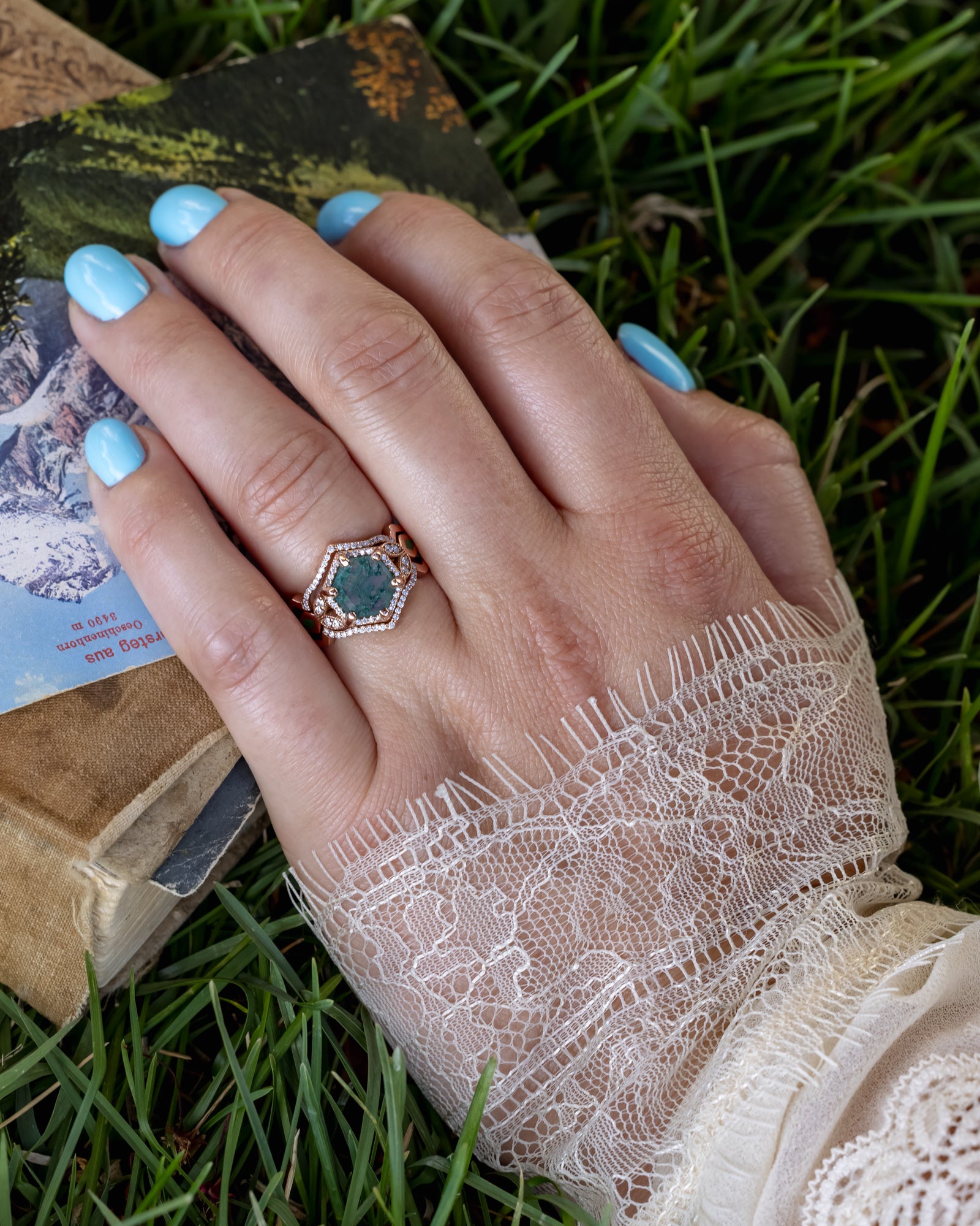 "LUCY IN THE SKY" - HEXAGON CUT MOSS AGATE ENGAGEMENT RING WITH DIAMOND ACCENTS, MOSS INLAYS & DIAMOND RING GUARD OR TRACER-Staghead Designs