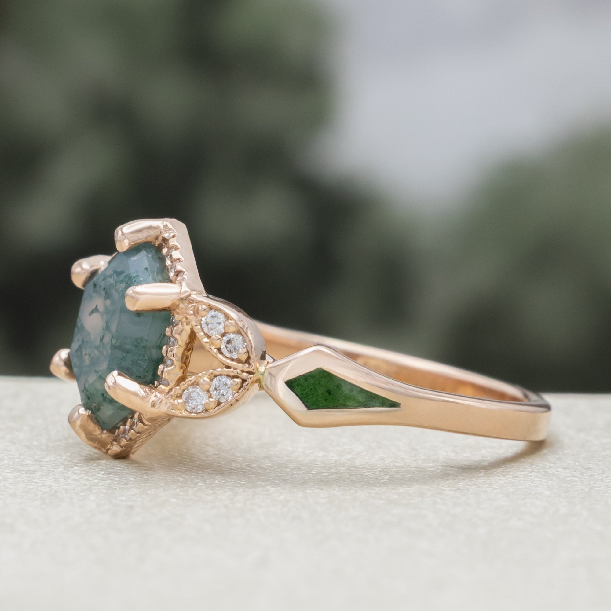 "LUCY IN THE SKY" - HEXAGON CUT MOSS AGATE ENGAGEMENT RING WITH DIAMOND ACCENTS, MOSS INLAYS & DIAMOND RING GUARD OR TRACER-Staghead Designs