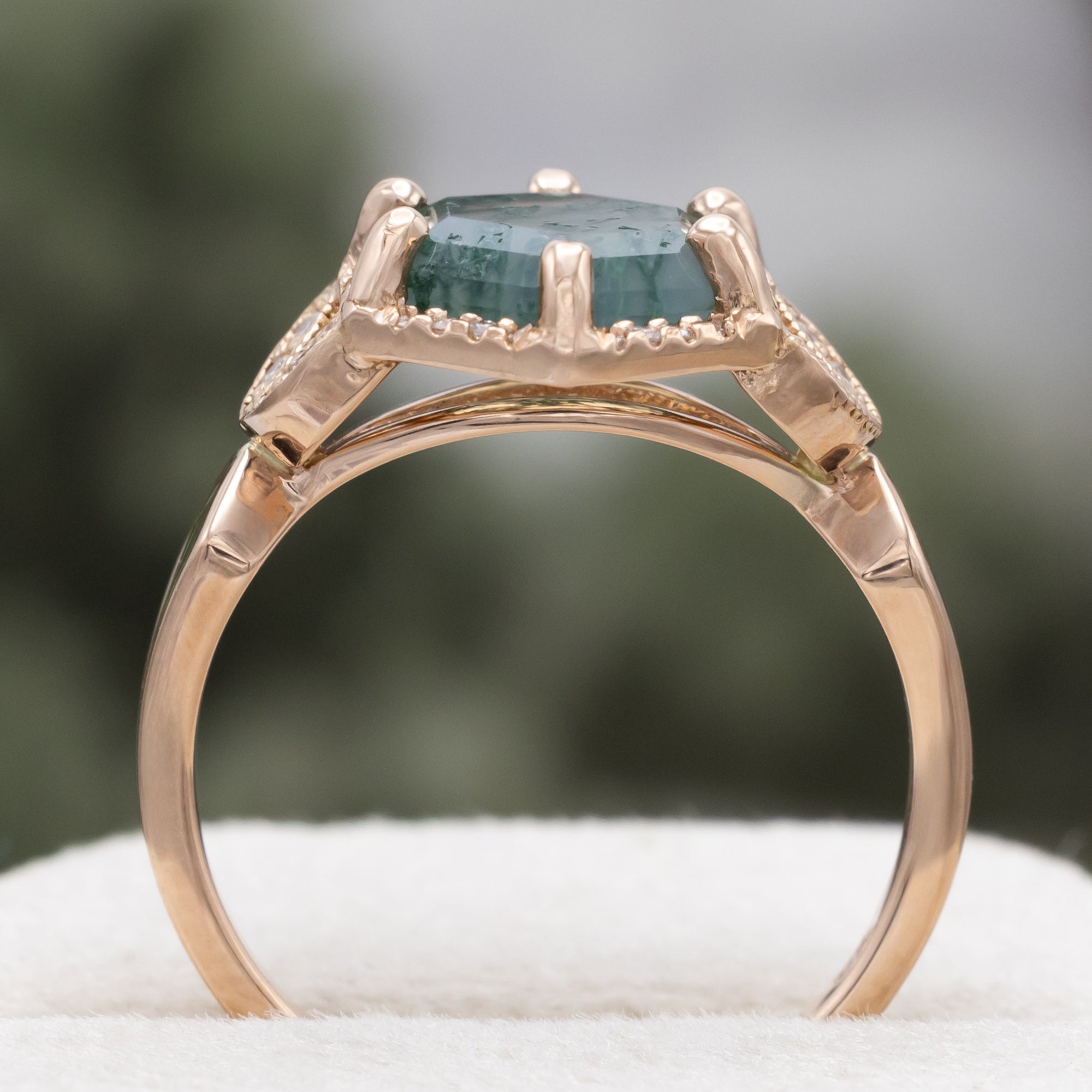"LUCY IN THE SKY" - HEXAGON CUT MOSS AGATE ENGAGEMENT RING WITH DIAMOND ACCENTS, MOSS INLAYS & DIAMOND RING GUARD OR TRACER-Staghead Designs