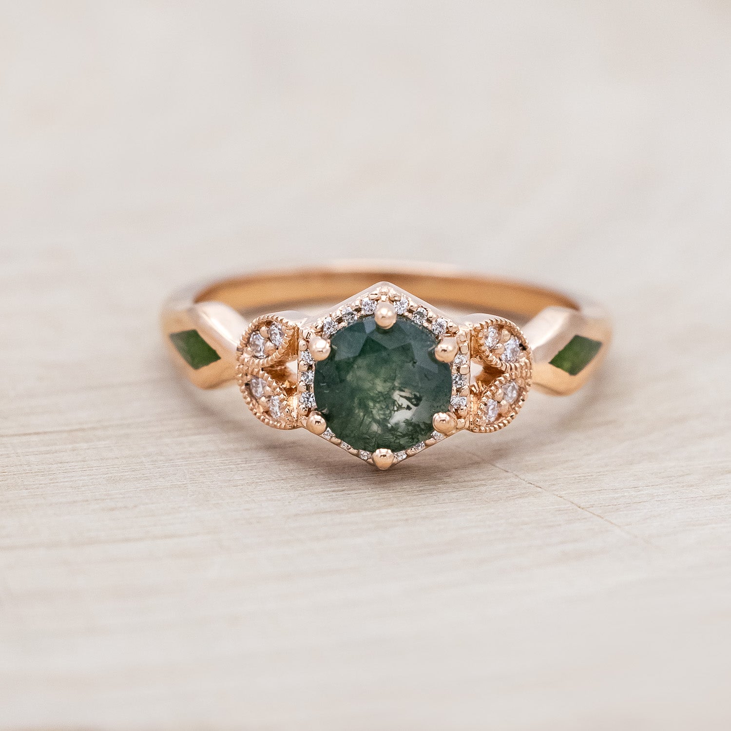 "LUCY IN THE SKY" PETITE - ROUND CUT MOSS AGATE ENGAGEMENT RING WITH DIAMOND HALO, CUSTOM INLAYS AND A DIAMOND TRACER-Staghead Designs