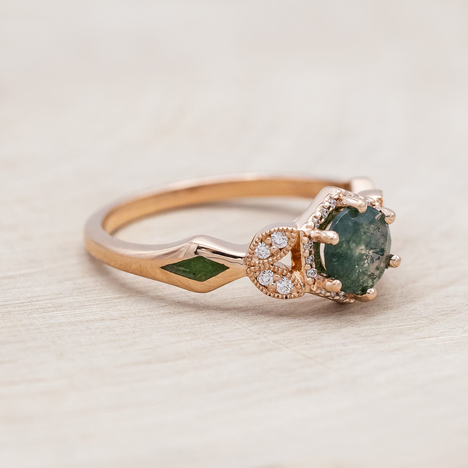 "LUCY IN THE SKY" PETITE - ROUND CUT MOSS AGATE ENGAGEMENT RING WITH DIAMOND HALO, CUSTOM INLAYS AND A DIAMOND TRACER-Staghead Designs