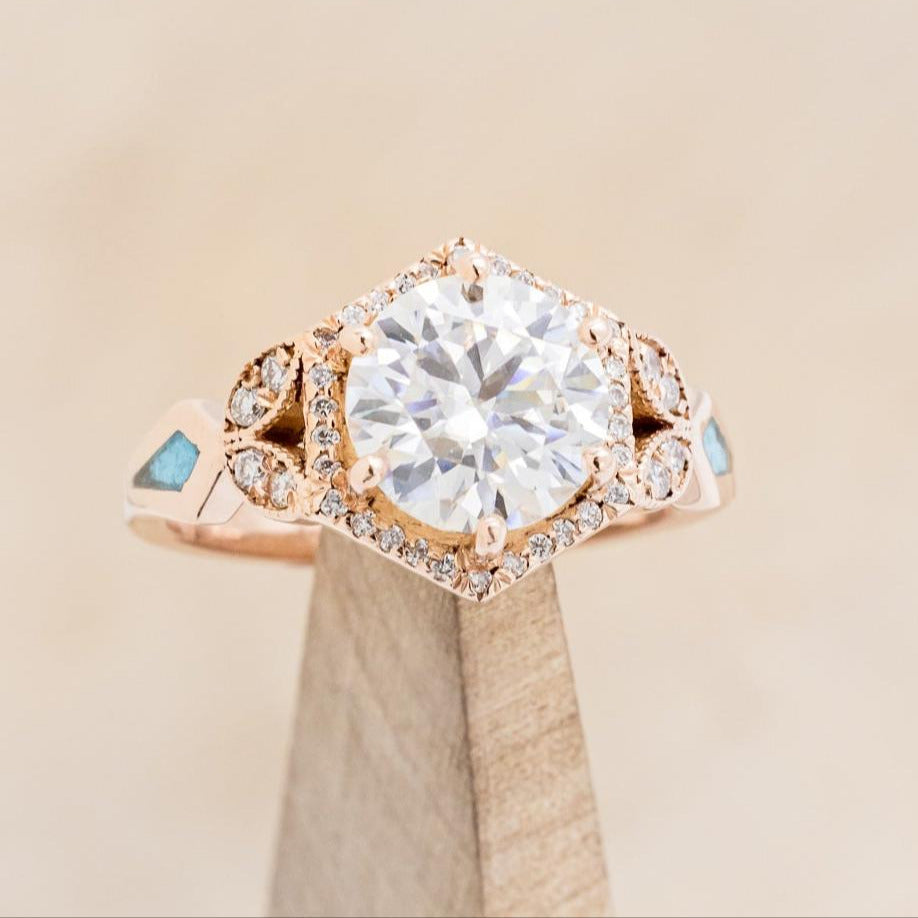 "LUCY IN THE SKY" - ROUND CUT MOISSANITE ENGAGEMENT RING WITH DIAMOND HALO, TURQUOISE INLAYS & DIAMOND TRACER-7