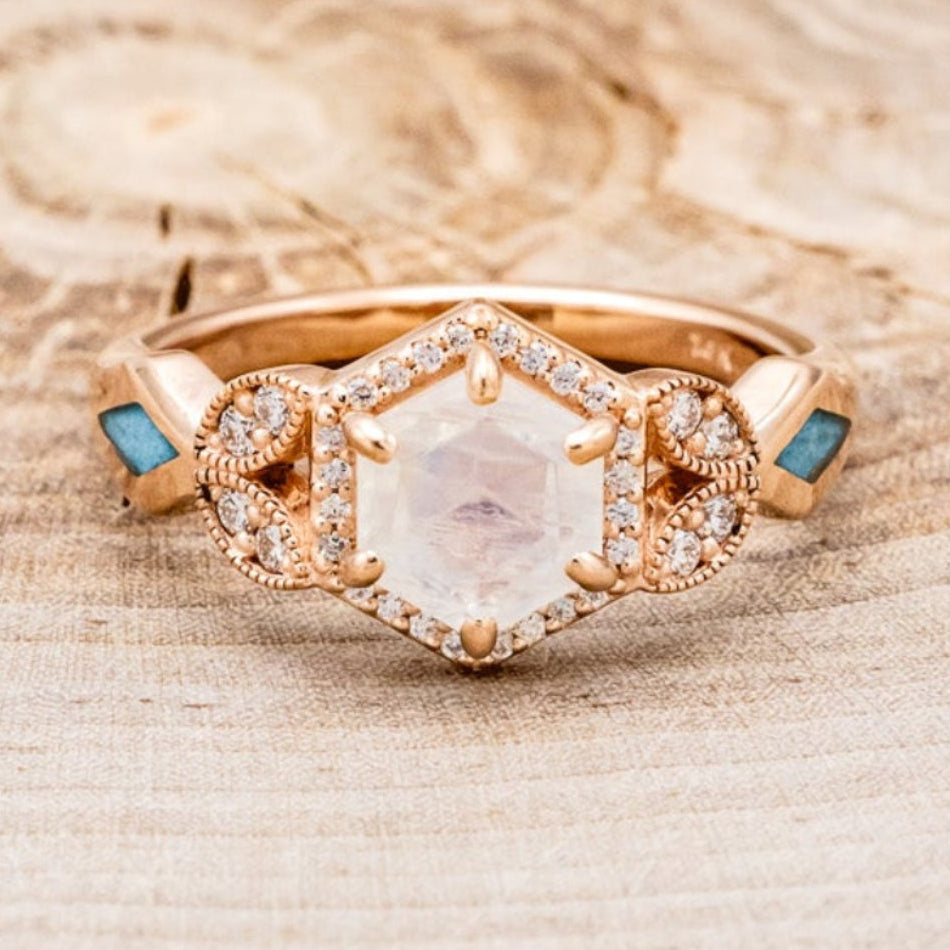 "LUCY IN THE SKY" PETITE - FACETED HEXAGON MOONSTONE ENGAGEMENT RING SET WITH DIAMOND ACCENTS & TURQUOISE INLAYS-4