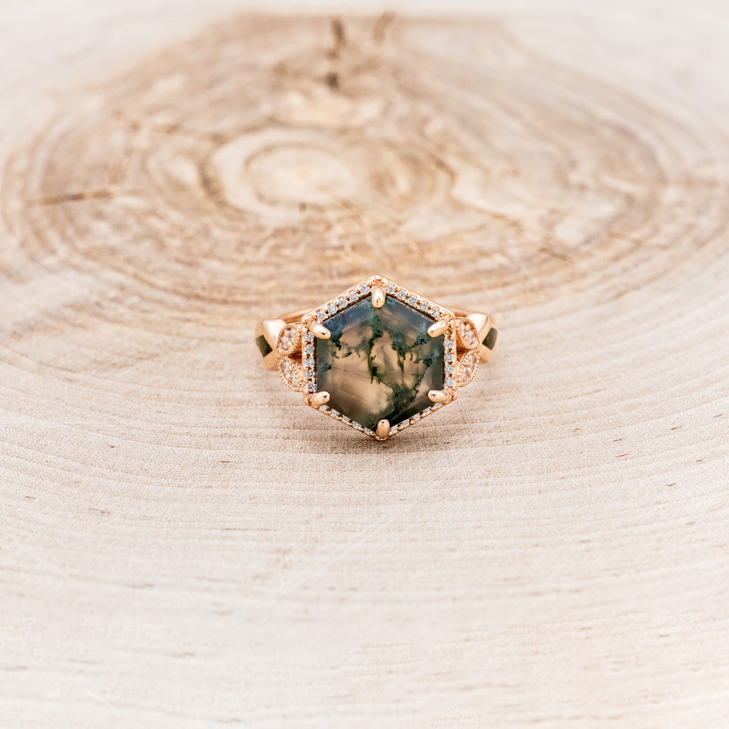 "LUCY IN THE SKY" - HEXAGON MOSS AGATE ENGAGEMENT RING WITH DIAMOND HALO & MOSS INLAYS-4