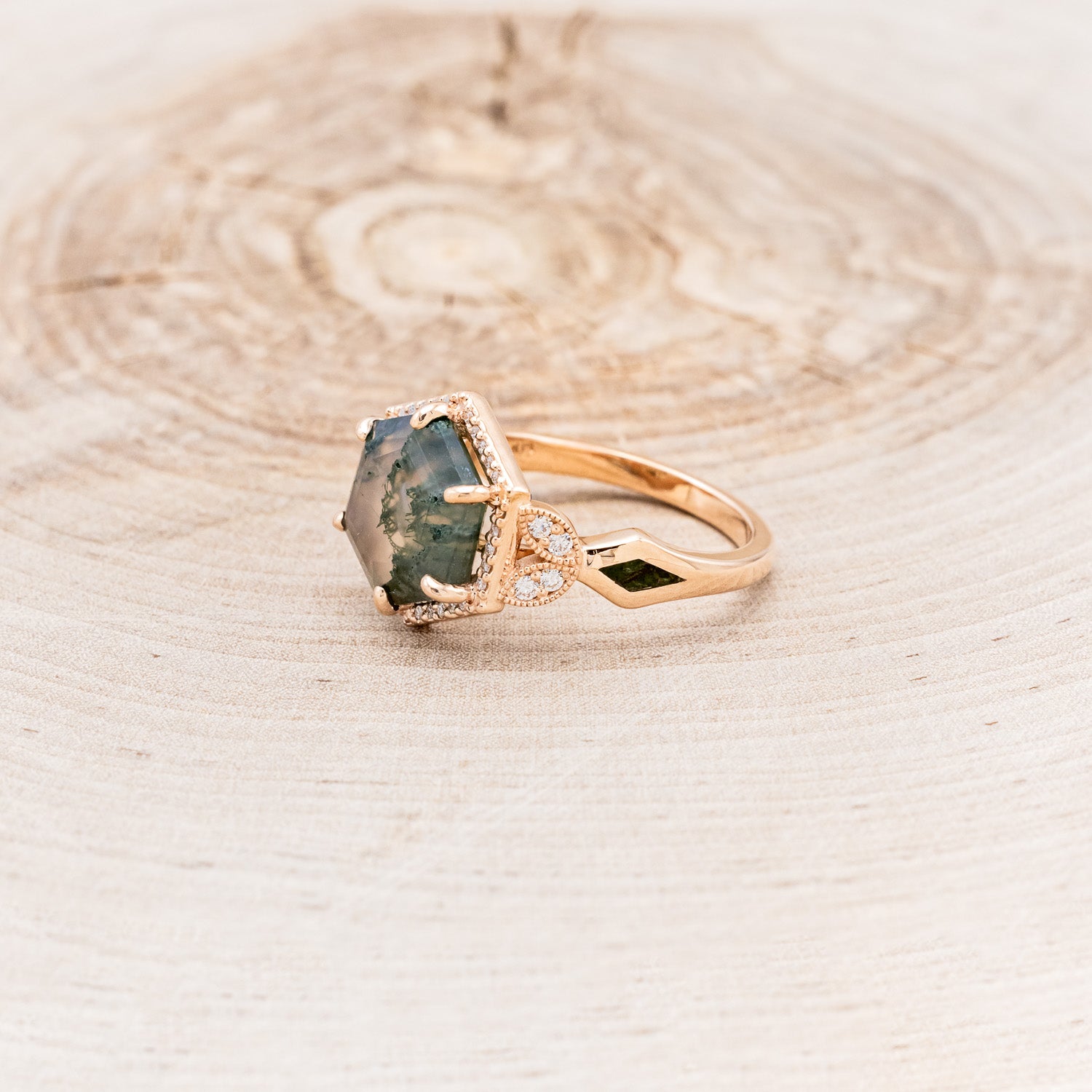 "LUCY IN THE SKY" - HEXAGON MOSS AGATE ENGAGEMENT RING WITH DIAMOND HALO & MOSS INLAYS-3