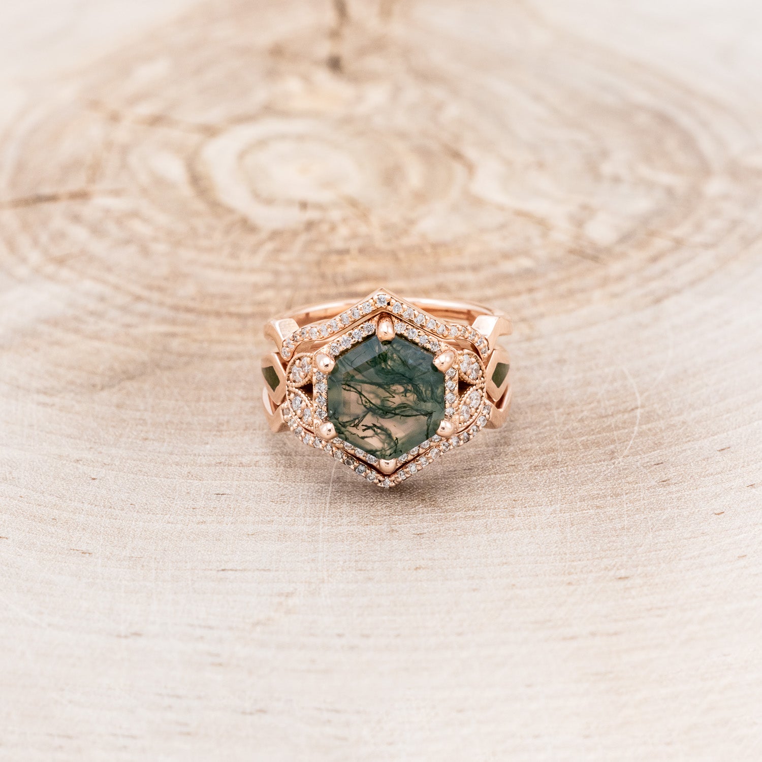 "LUCY IN THE SKY" - HEXAGON MOSS AGATE ENGAGEMENT RING WITH DIAMOND HALO, MOSS INLAYS & DIAMOND RING GUARD-23