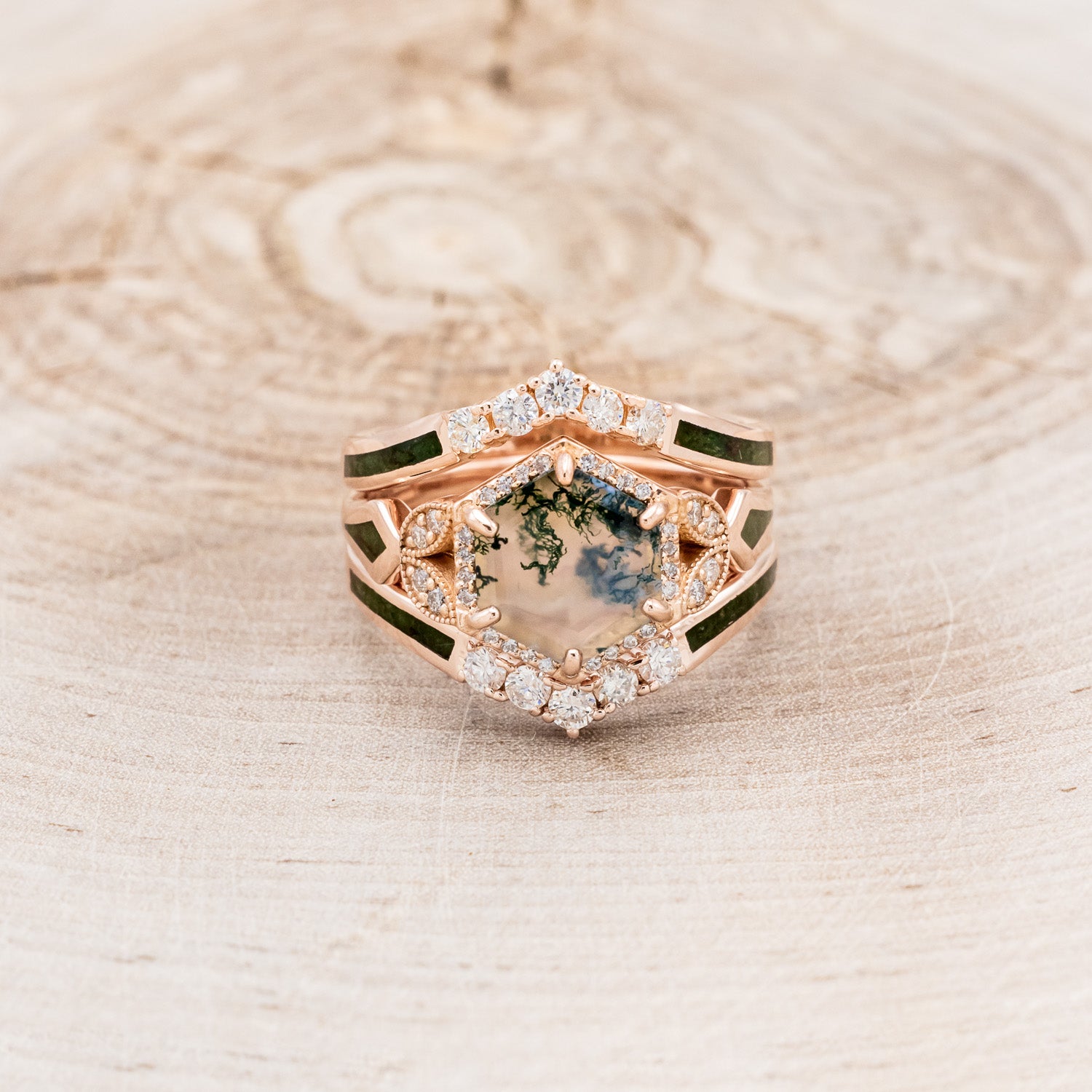 "LUCY IN THE SKY" - HEXAGON MOSS AGATE ENGAGEMENT RING WITH DIAMOND HALO, MOSS INLAYS & THE "RAYA" RING GUARD-4