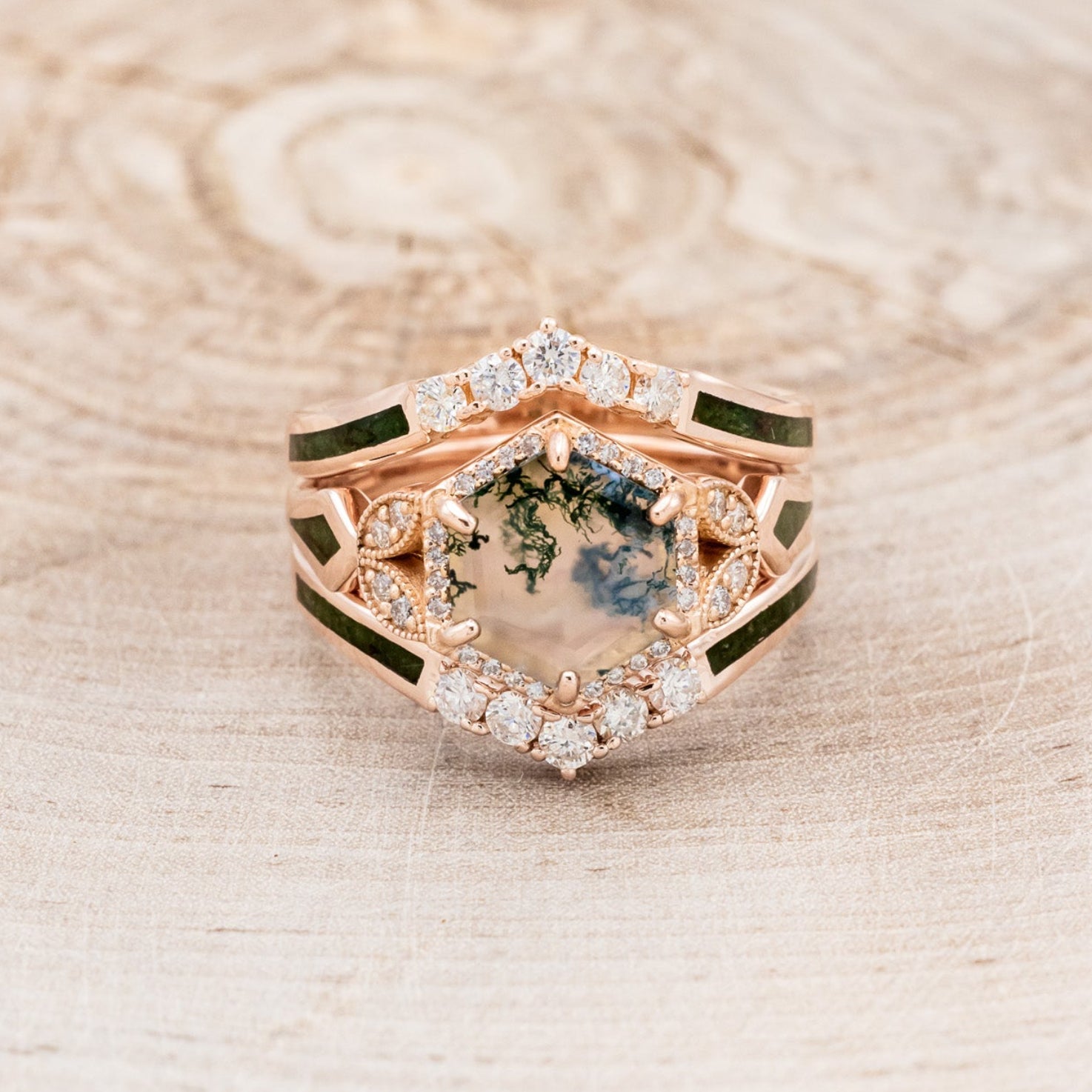 "LUCY IN THE SKY" - HEXAGON MOSS AGATE ENGAGEMENT RING WITH DIAMOND HALO, MOSS INLAYS & THE "RAYA" RING GUARD-4
