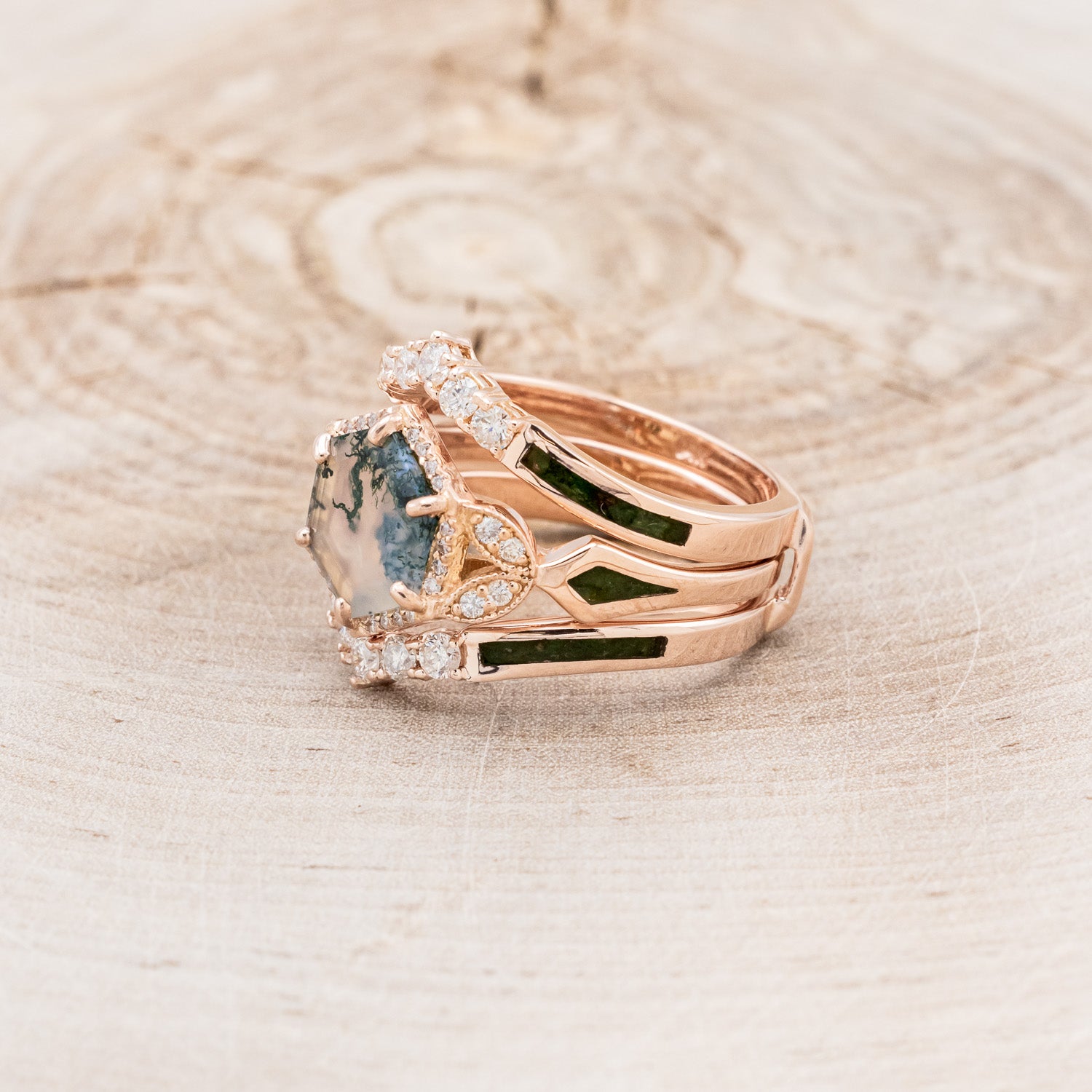 "LUCY IN THE SKY" - HEXAGON MOSS AGATE ENGAGEMENT RING WITH DIAMOND HALO, MOSS INLAYS & THE "RAYA" RING GUARD-3