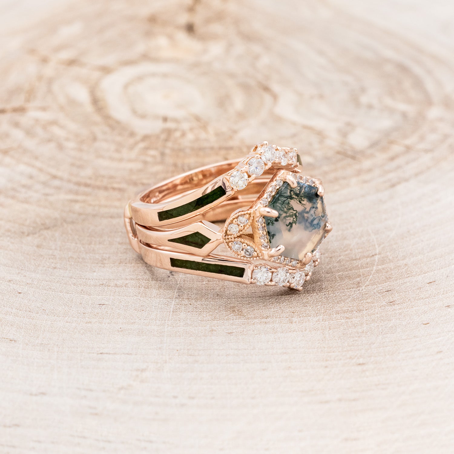 "LUCY IN THE SKY" - HEXAGON MOSS AGATE ENGAGEMENT RING WITH DIAMOND HALO, MOSS INLAYS & THE "RAYA" RING GUARD-2