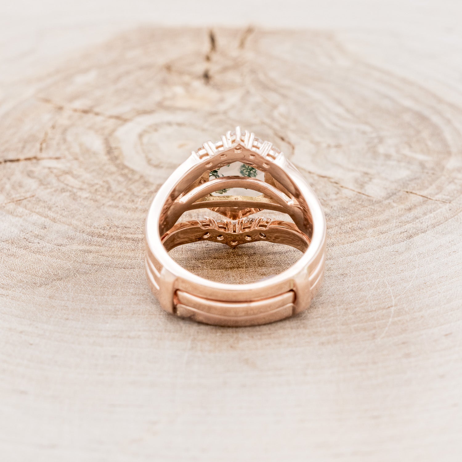 "LUCY IN THE SKY" - HEXAGON MOSS AGATE ENGAGEMENT RING WITH DIAMOND HALO, MOSS INLAYS & THE "RAYA" RING GUARD-6