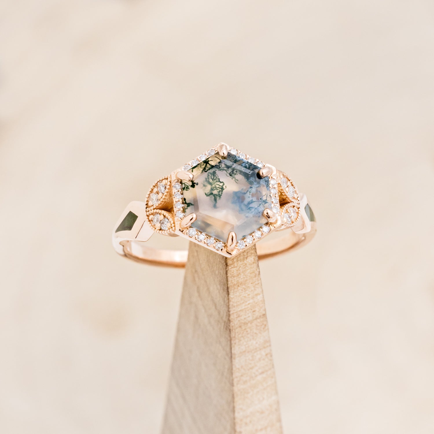 "LUCY IN THE SKY" - HEXAGON MOSS AGATE ENGAGEMENT RING WITH DIAMOND HALO, MOSS INLAYS & THE "RAYA" RING GUARD-7