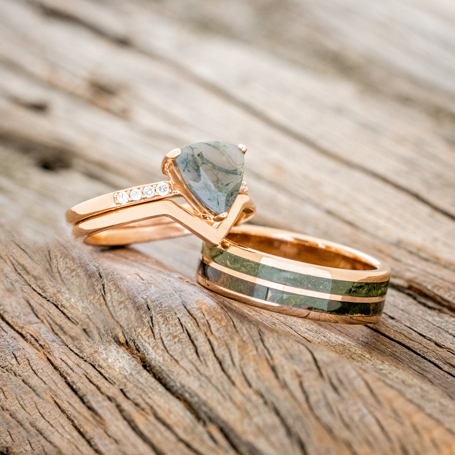 "PIPER" - TRILLION CUT MOSS AGATE ENGAGEMENT RING WITH DIAMOND ACCENTS & TRACER-12