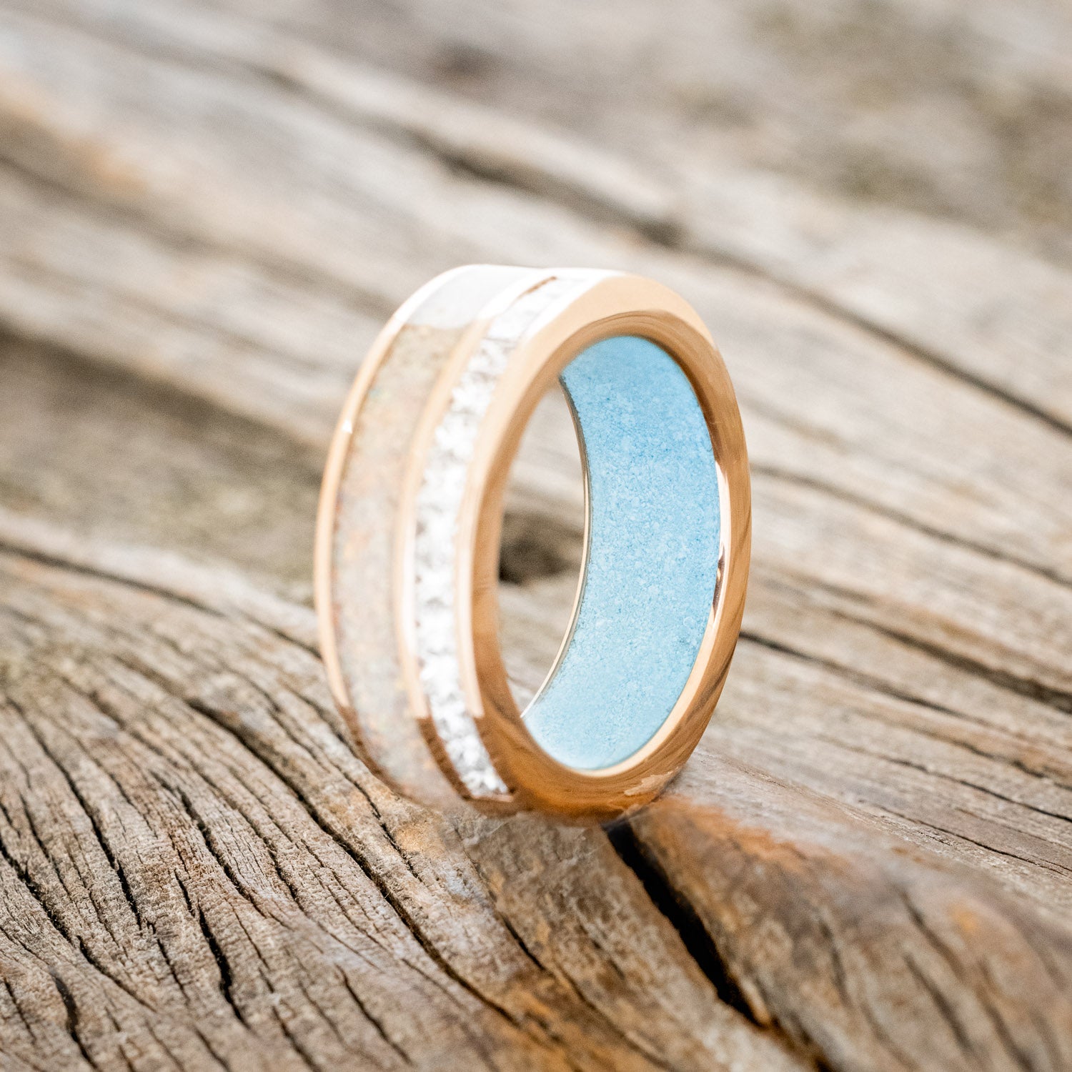"MEMPHIS" - DIAMONDS & FIRE AND ICE OPAL WEDDING BAND FEATURING A TURQUOISE LINED 14K GOLD BAND-4