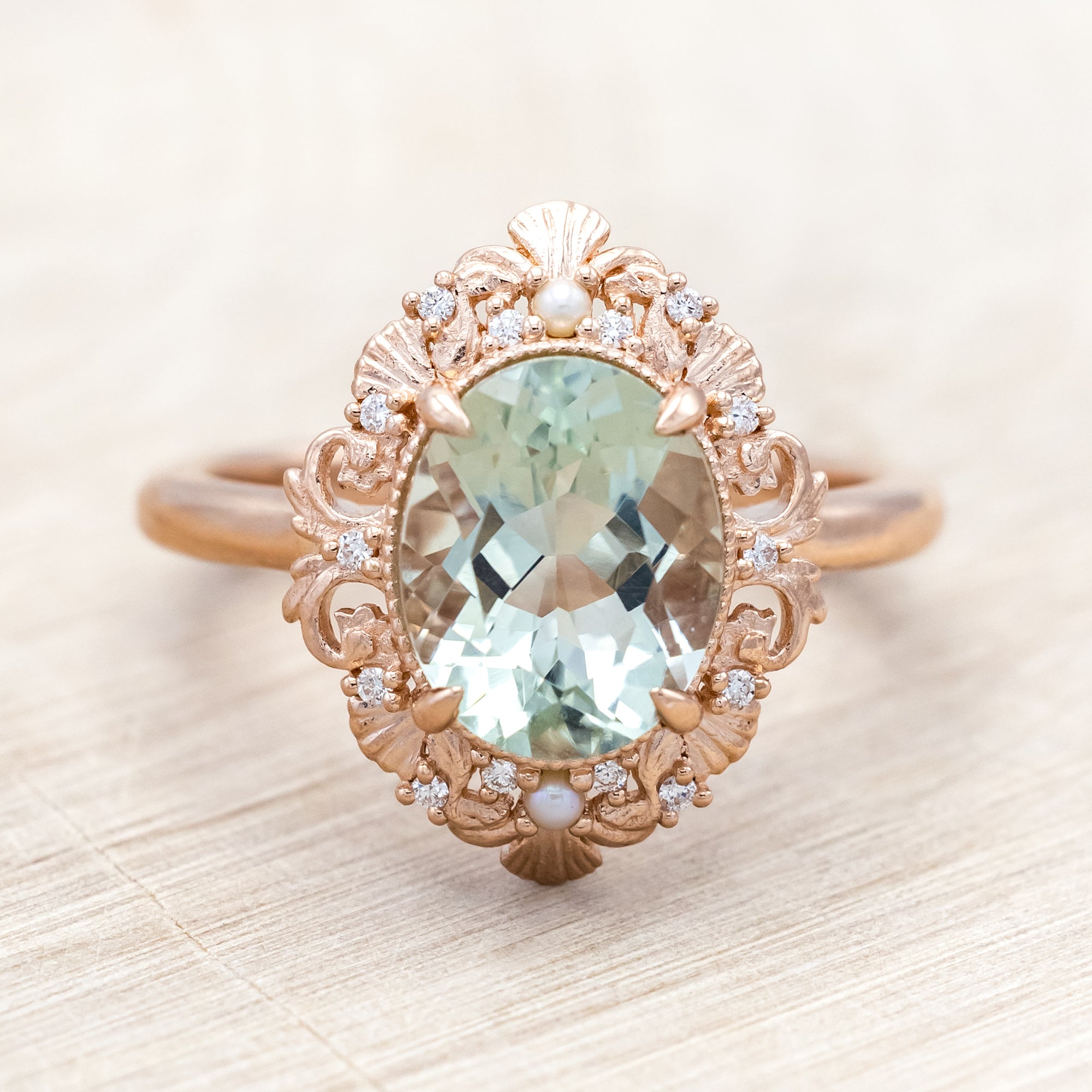 "MERROW" - OVAL CUT ENGAGEMENT RING WITH DIAMOND & PEARL ACCENTS-Staghead Designs