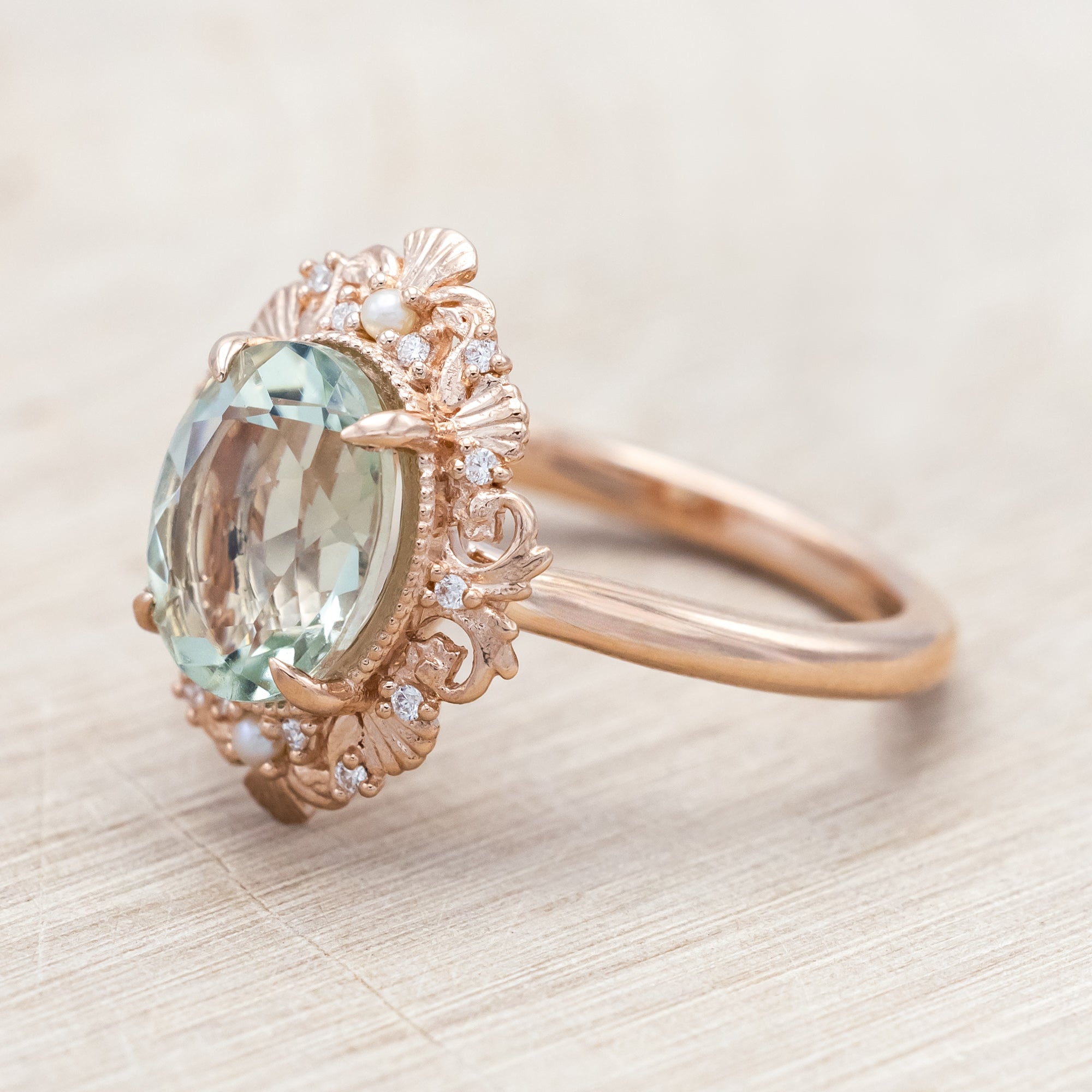 "MERROW" - OVAL CUT ENGAGEMENT RING WITH DIAMOND & PEARL ACCENTS-Staghead Designs