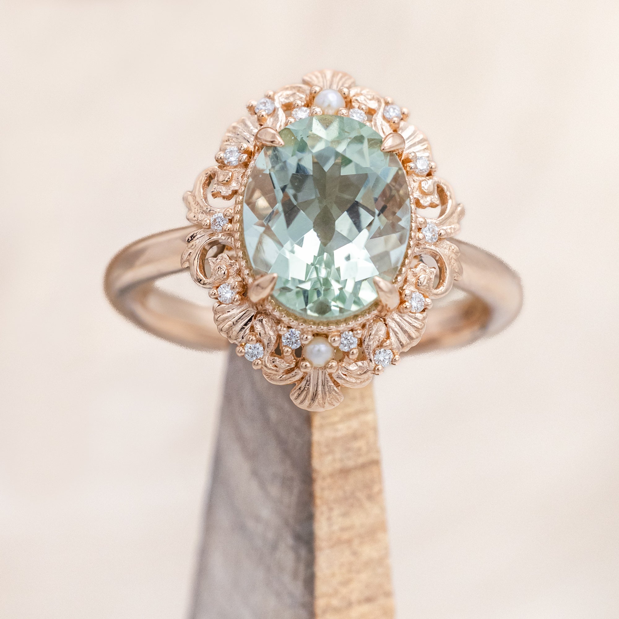 "MERROW" - OVAL CUT ENGAGEMENT RING WITH DIAMOND & PEARL ACCENTS-Staghead Designs