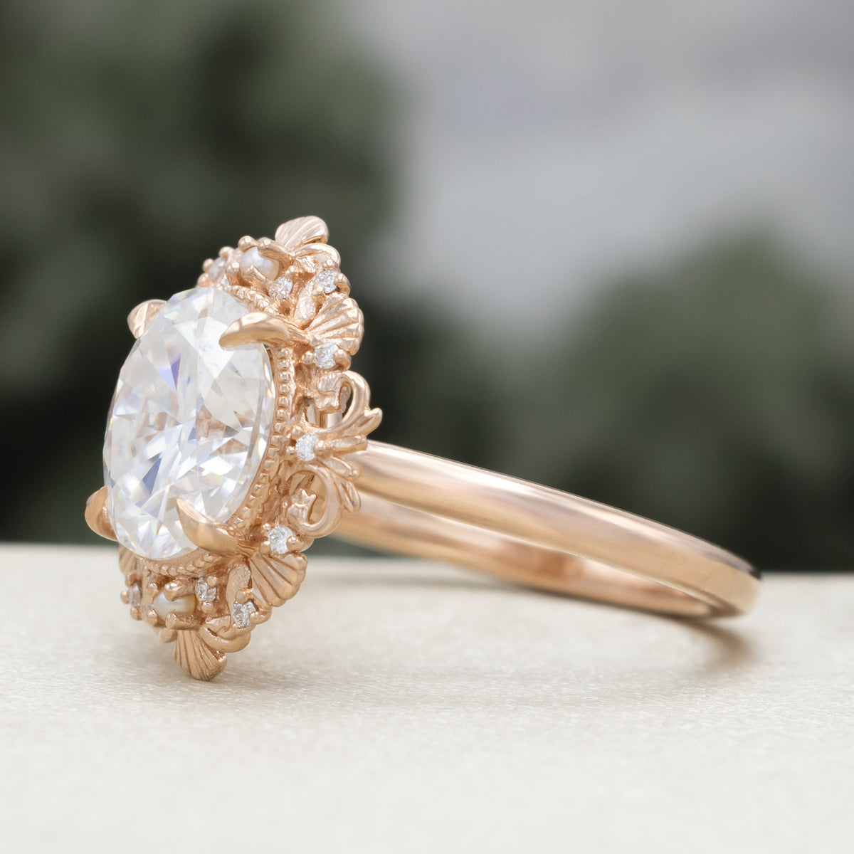 "Merrow" - Moissanite Engagement Ring With Pearl Accents And Diamond Tracer-Staghead Designs