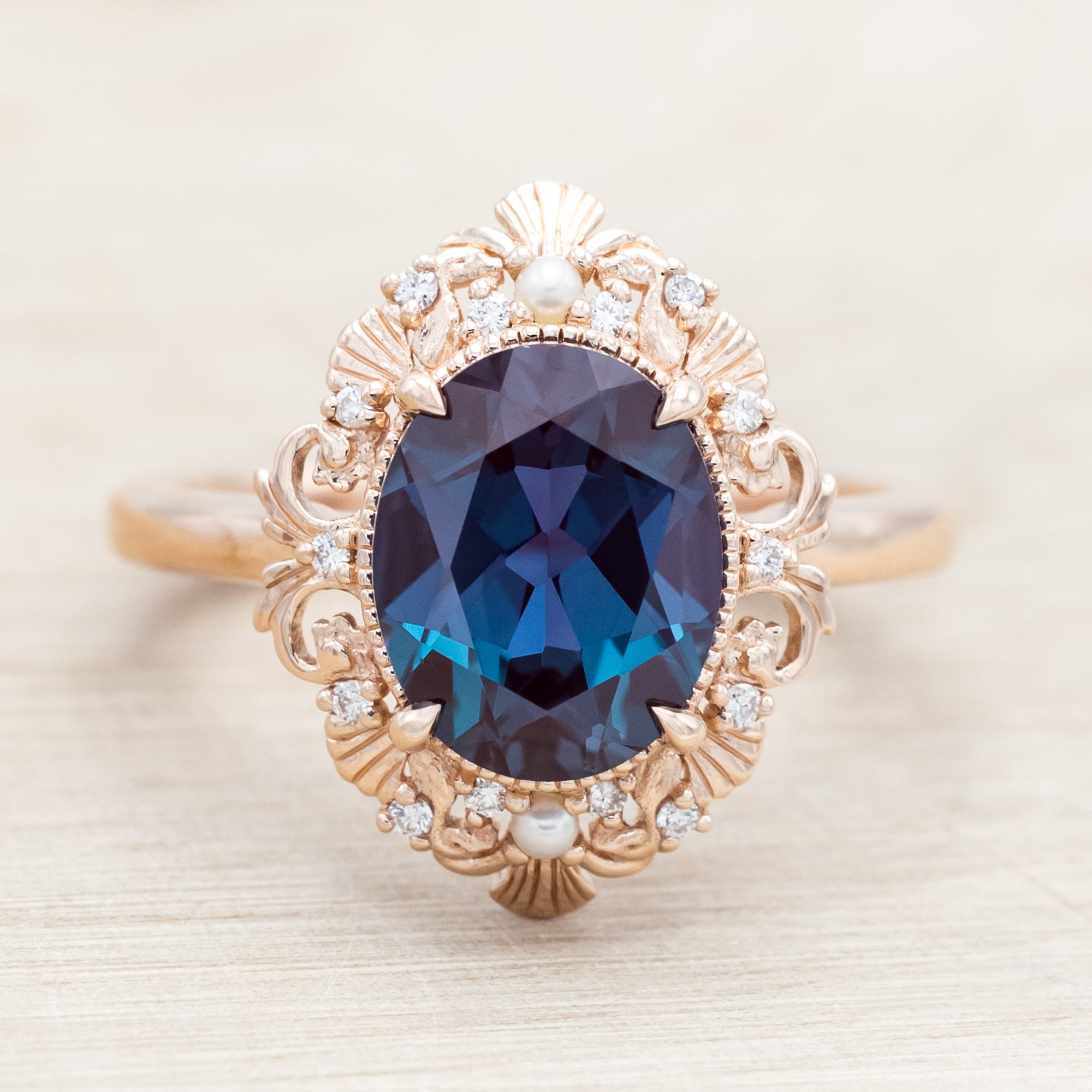 "MERROW" - OVAL CUT ENGAGEMENT RING WITH DIAMOND & PEARL ACCENTS-Staghead Designs