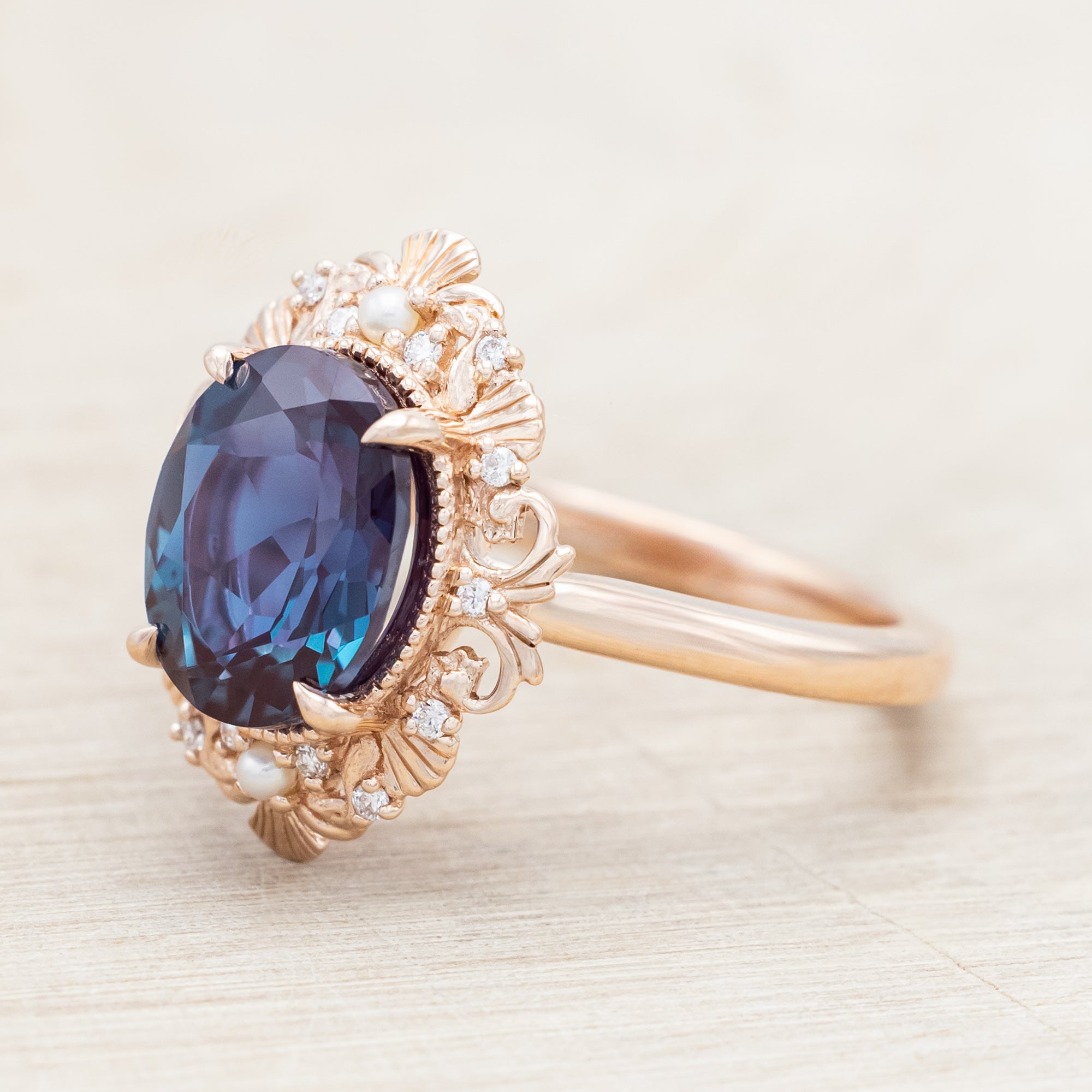 "MERROW" - OVAL CUT ENGAGEMENT RING WITH DIAMOND & PEARL ACCENTS-Staghead Designs