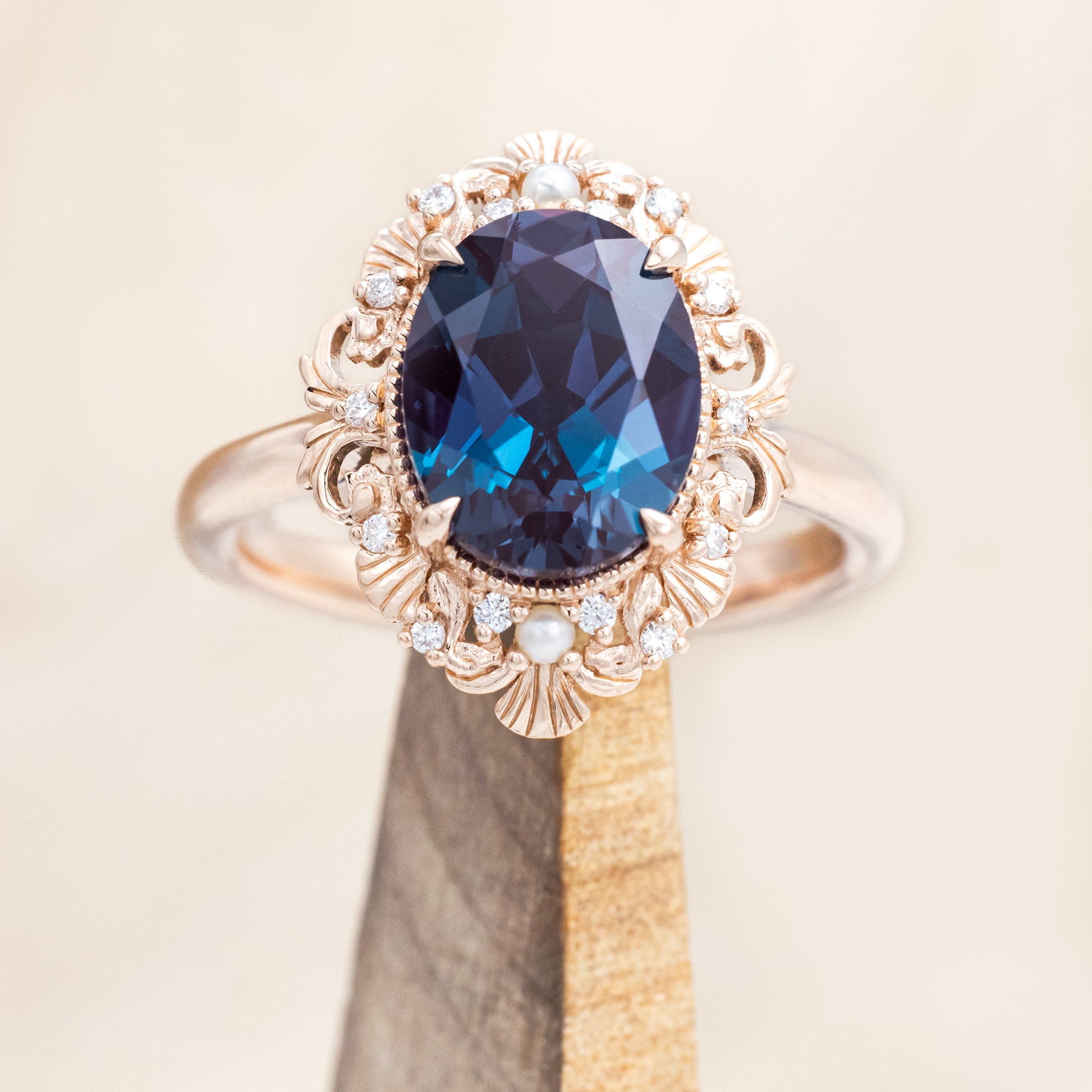 "MERROW" - OVAL CUT ENGAGEMENT RING WITH DIAMOND & PEARL ACCENTS-Staghead Designs