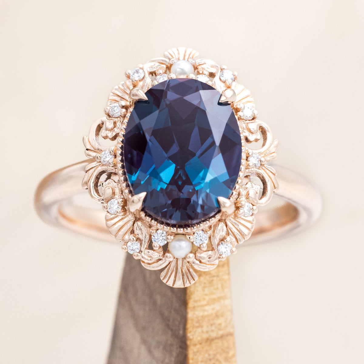 "MERROW" - OVAL CUT ENGAGEMENT RING WITH DIAMOND & PEARL ACCENTS-Staghead Designs