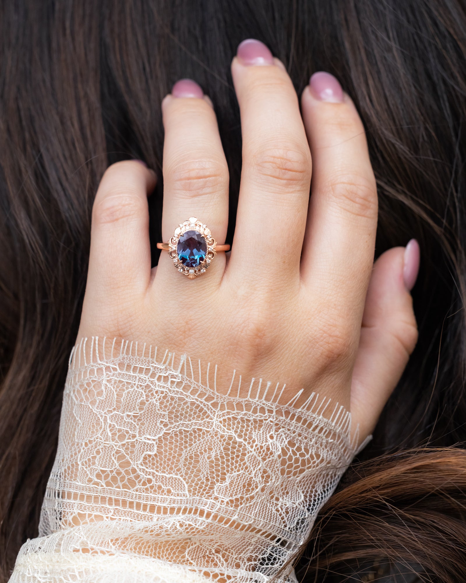 "MERROW" - OVAL CUT ENGAGEMENT RING WITH DIAMOND & PEARL ACCENTS-Staghead Designs