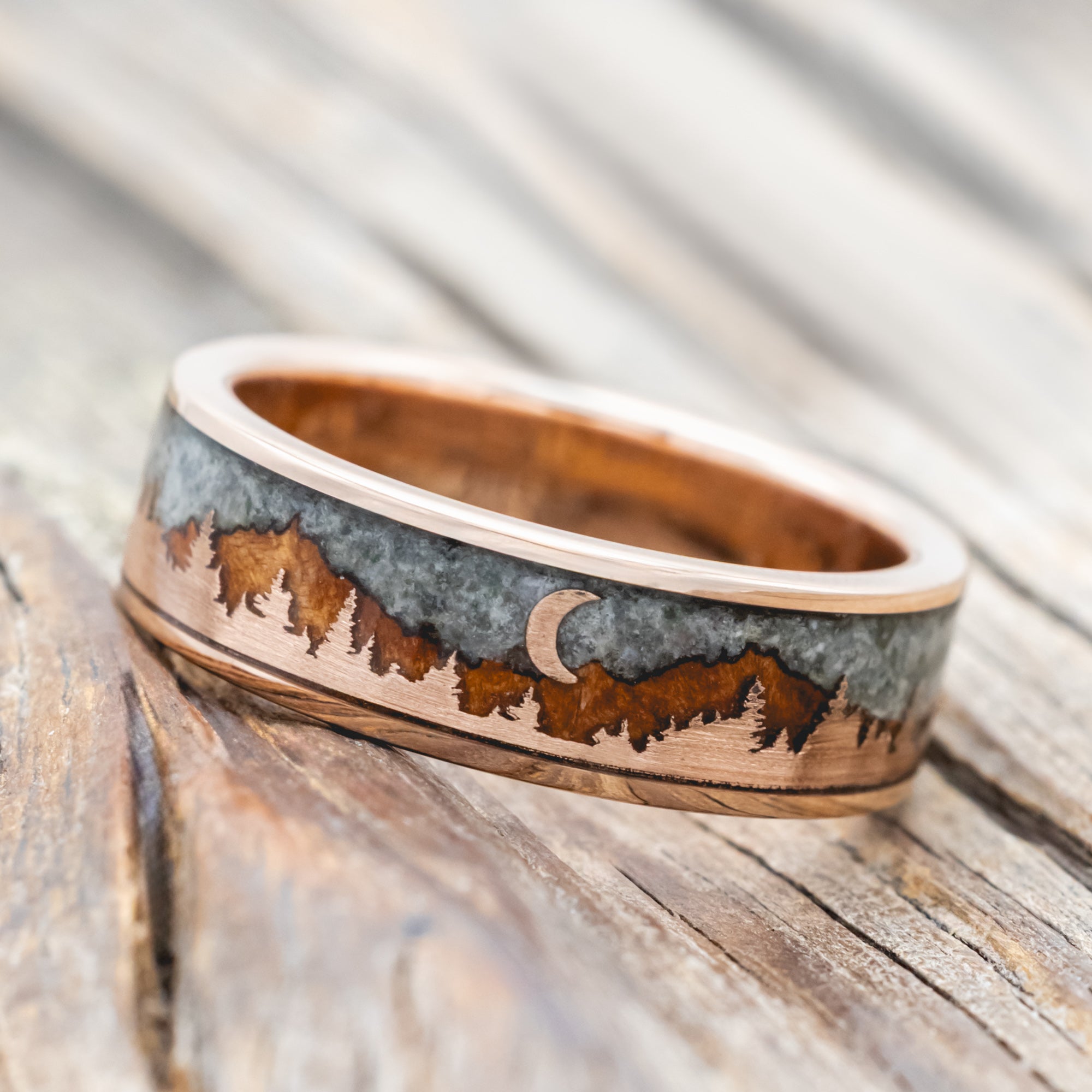"ORION" - MOSS AGATE & REDWOOD TETON MOUNTAIN RANGE WEDDING BAND WITH 14K GOLD TREE & CRESCENT MOON ACCENTS-Staghead Designs