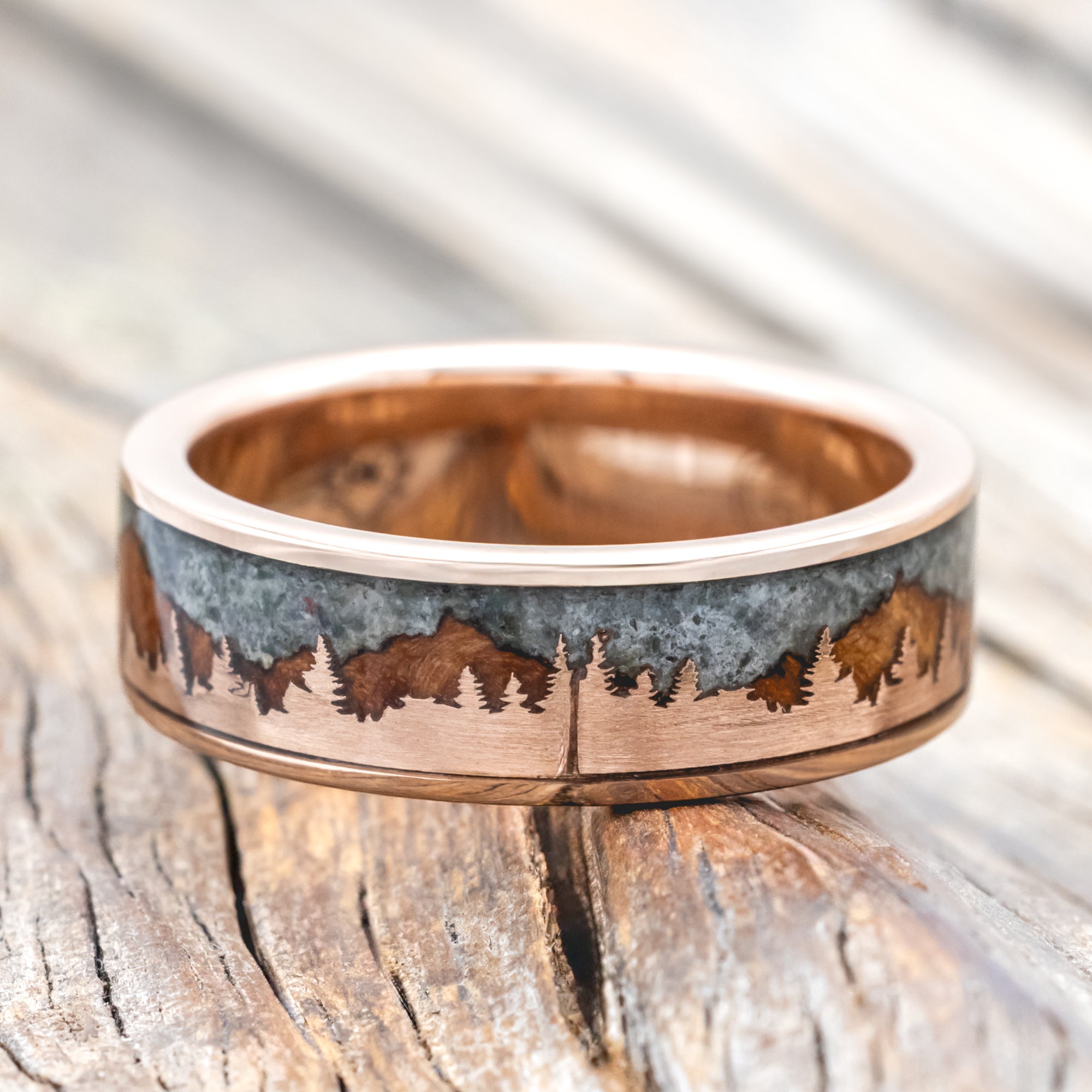 "ORION" - MOSS AGATE & REDWOOD TETON MOUNTAIN RANGE WEDDING BAND WITH 14K GOLD TREE & CRESCENT MOON ACCENTS-Staghead Designs