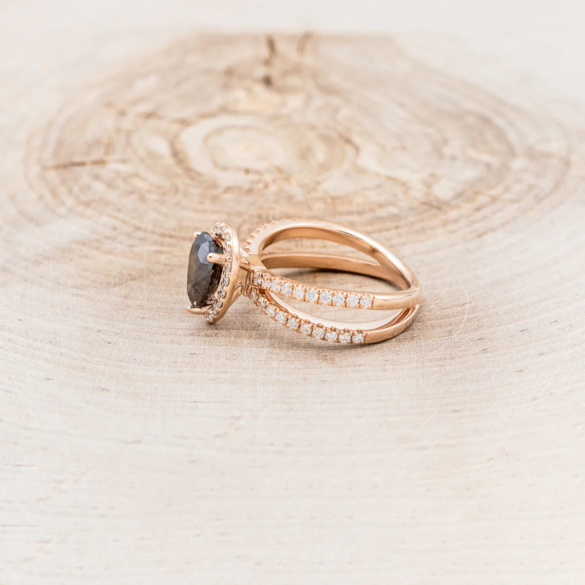 "NALA" - PEAR-SHAPED SALT & PEPPER DIAMOND ENGAGEMENT RING WITH DIAMOND HALO & ACCENTS - 14K ROSE GOLD - SIZE 7-3